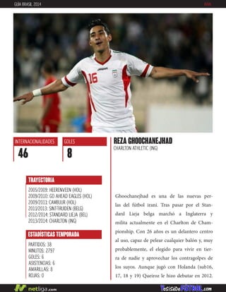 Ghoochanejhad es una de las nuevas per-
las del fútbol iraní. Tras pasar por el Stan-
dard Lieja belga marchó a Inglaterra y
milita actualmente en el Charlton de Cham-
pionship. Con 26 años es un delantero centro
al uso, capaz de pelear cualquier balón y, muy
probablemente, el elegido para vivir en tier-
ra de nadie y aprovechar los contragolpes de
los suyos. Aunque jugó con Holanda (sub16,
17, 18 y 19) Queiroz le hizo debutar en 2012.
REZA GHOOCHANEJHAD
CHARLTON ATHLETIC (ING)
INTERNACIONALIDADES
46
GOLES
8
ESTADÍSTICAS TEMPORADA
PARTIDOS: 38
MINUTOS: 2797
GOLES: 6
ASISTENCIAS: 6
AMARILLAS: 8
ROJAS: 0
TRAYECTORIA
2005/2009: HEERENVEEN (HOL)
2009/2010: GO AHEAD EAGLES (HOL)
2009/2011: CAMBUUR (HOL)
2011/2013: SINT-TRUIDEN (BELG)
2012/2014: STANDARD LIEJA (BEL)
2013/2014: CHARLTON (ING)
GUÍA BRASIL 2014 IRÁN
 