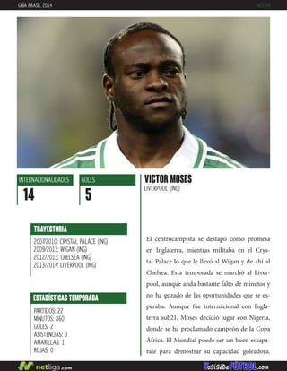 El centrocampista se destapó como promesa
en Inglaterra, mientras militaba en el Crys-
tal Palace lo que le llevó al Wigan y de ahí al
Chelsea. Esta temporada se marchó al Liver-
pool, aunque anda bastante falto de minutos y
no ha gozado de las oportunidades que se es-
peraba. Aunque fue internacional con Ingla-
terra sub21, Moses decidió jugar con Nigeria,
donde se ha proclamado campeón de la Copa
África. El Mundial puede ser un buen escapa-
rate para demostrar su capacidad goleadora.
VICTOR MOSES
LIVERPOOL (ING)
INTERNACIONALIDADES
14
GOLES
5
ESTADÍSTICAS TEMPORADA
PARTIDOS: 22
MINUTOS: 860
GOLES: 2
ASISTENCIAS: 0
AMARILLAS: 1
ROJAS: 0
TRAYECTORIA
2007/2010: CRYSTAL PALACE (ING)
2009/2013: WIGAN (ING)
2012/2013: CHELSEA (ING)
2013/2014: LIVERPOOL (ING)
GUÍA BRASIL 2014 NIGERIA
 