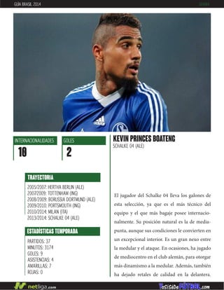 El jugador del Schalke 04 lleva los galones de
esta selección, ya que es el más técnico del
equipo y el que más bagaje posee internacio-
nalmente. Su posición natural es la de media-
punta, aunque sus condiciones le convierten en
un excepcional interior. Es un gran nexo entre
la medular y el ataque. En ocasiones, ha jugado
de mediocentro en el club alemán, para otorgar
más dinamismo a la medular. Además, también
ha dejado retales de calidad en la delantera.
KEVIN PRINCES BOATENG
SCHALKE 04 (ALE)
INTERNACIONALIDADES
10
GOLES
2
ESTADÍSTICAS TEMPORADA
PARTIDOS: 37
MINUTOS: 3174
GOLES: 9
ASISTENCIAS: 4
AMARILLAS: 7
ROJAS: 0
TRAYECTORIA
2005/2007: HERTHA BERLIN (ALE)
2007/2009: TOTTENHAM (ING)
2008/2009: BORUSSIA DORTMUND (ALE)
2009/2010: PORTSMOUTH (ING)
2010/2014: MILAN (ITA)
2013/2014: SCHALKE 04 (ALE)
GUÍA BRASIL 2014 GHANA
 