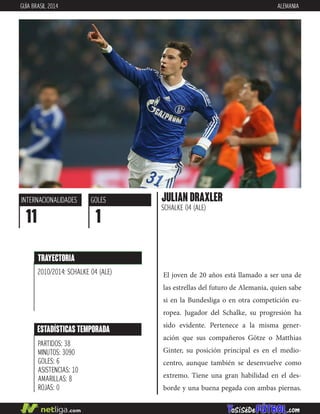 El joven de 20 años está llamado a ser una de
las estrellas del futuro de Alemania, quien sabe
si en la Bundesliga o en otra competición eu-
ropea. Jugador del Schalke, su progresión ha
sido evidente. Pertenece a la misma gener-
ación que sus compañeros Götze o Matthias
Ginter, su posición principal es en el medio-
centro, aunque también se desenvuelve como
extremo. Tiene una gran habilidad en el des-
borde y una buena pegada con ambas piernas.
julian draxler
SCHALKE 04 (ALE)
INTERNACIONALIDADES
11
GOLES
1
ESTADÍSTICAS TEMPORADA
PARTIDOS: 38
MINUTOS: 3090
GOLES: 6
ASISTENCIAS: 10
AMARILLAS: 8
ROJAS: 0
TRAYECTORIA
2010/2014: SCHALKE 04 (ALE)
GUÍA BRASIL 2014 ALEMANIA
 