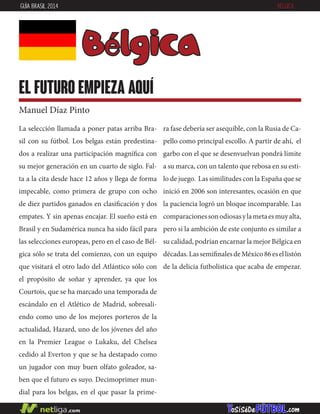 ra fase debería ser asequible, con la Rusia de Ca-
pello como principal escollo. A partir de ahí, el
garbo con el que se desenvuelvan pondrá límite
a su marca, con un talento que rebosa en su esti-
lo de juego. Las similitudes con la España que se
inició en 2006 son interesantes, ocasión en que
la paciencia logró un bloque incomparable. Las
comparacionessonodiosasylametaesmuyalta,
pero si la ambición de este conjunto es similar a
su calidad, podrían encarnar la mejor Bélgica en
décadas.LassemifinalesdeMéxico86esellistón
de la delicia futbolística que acaba de empezar.
La selección llamada a poner patas arriba Bra-
sil con su fútbol. Los belgas están predestina-
dos a realizar una participación magnífica con
su mejor generación en un cuarto de siglo. Fal-
ta a la cita desde hace 12 años y llega de forma
impecable, como primera de grupo con ocho
de diez partidos ganados en clasificación y dos
empates. Y sin apenas encajar. El sueño está en
Brasil y en Sudamérica nunca ha sido fácil para
las selecciones europeas, pero en el caso de Bél-
gica sólo se trata del comienzo, con un equipo
que visitará el otro lado del Atlántico sólo con
el propósito de soñar y aprender, ya que los
Courtois, que se ha marcado una temporada de
escándalo en el Atlético de Madrid, sobresali-
endo como uno de los mejores porteros de la
actualidad, Hazard, uno de los jóvenes del año
en la Premier League o Lukaku, del Chelsea
cedido al Everton y que se ha destapado como
un jugador con muy buen olfato goleador, sa-
ben que el futuro es suyo. Decimoprimer mun-
dial para los belgas, en el que pasar la prime-
Bélgica
el futuro empieza aquí
Manuel Díaz Pinto
GUÍA BRASIL 2014 BÉLGICA
 