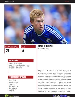 El joven de 21 años cambió el Chelsea por el
Wolfsburgo,clubporelqueoptóparallenarsede
minutos.Esunmediocentroofensivo,quepuede
actuar como extremo izquierdo y como extremo
derecho. Tiene calidad para regalar, aunque su
extrema juventud le lleva a cometer errores de
bulto que irá arreglando con la experiencia. Este
Mundial será una gran oportunidad para verlo.
KEVIN DE BRUYNE
WOLFSBURGO (ALE)
INTERNACIONALIDADES
21
GOLES
6
ESTADÍSTICAS TEMPORADA
PARTIDOS: 27
MINUTOS: 1988
GOLES: 3
ASISTENCIAS: 8
AMARILLAS: 4
ROJAS: 0
TRAYECTORIA
2006/2008: METZ (FRA)
2008/2012: OLYMPIQUE LYON (FRA)
2011/2014: ROMA (ITA)
GUÍA BRASIL 2014 BÉLGICA
 