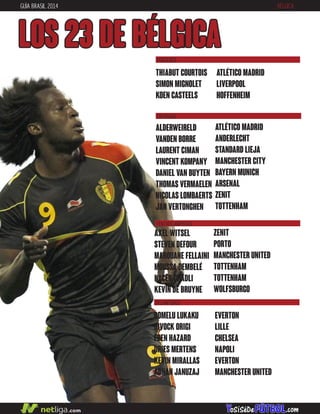 GUÍA BRASIL 2014 BÉLGICA
LOS 23 DE BÉLGICA
DEFENSAS
CENTROCAMPISTAS
DELANTEROS
ALDERWEIRELD
VANDEN BORRE
LAURENT CIMAN
VINCENT KOMPANY
DANIEL VAN BUYTEN
THOMAS VERMAELEN
NICOLAS LOMBAERTS
JAN VERTONGHEN
ROMELU LUKAKU
DIVOCK ORIGI
EDEN HAZARD
DRIES MERTENS
KEVIN MIRALLAS
ADNAN JANUZAJ
ATLÉTICO MADRID
ANDERLECHT
STANDARD LIEJA
MANCHESTER CITY
BAYERN MUNICH
ARSENAL
ZENIT
TOTTENHAM
EVERTON
LILLE
CHELSEA
NAPOLI
EVERTON
MANCHESTER UNITED
AXEL WITSEL
STEVEN DEFOUR
MAROUANE FELLAINI
MOUSSA DEMBELÉ
NACER CHADLI
KEVIN DE BRUYNE
ZENIT
PORTO
MANCHESTER UNITED
TOTTENHAM
TOTTENHAM
WOLFSBURGO
THIABUT COURTOIS
SIMON MIGNOLET
KOEN CASTEELS
ATLÉTICO MADRID
LIVERPOOL
HOFFENHEIM
PORTEROS
 