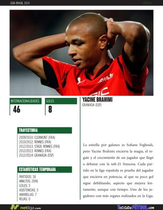 La estrella por galones es Sofiane Feghouli,
pero Yacine Brahimi encierra la magia, el re-
gate y el crecimiento de un jugador que llegó
a debutar con la sub-21 francesa. Cada par-
tido en la liga española es prueba del jugador
que encierra en potencia, al que su poco gol
sigue debilitando, aspecto que mejora len-
tamente, aunque con tiempo. Uno de los ju-
gadores con más regates realizados en la Liga.
yacine brahimi
GRANADA (ESP)
INTERNACIONALIDADES
46
GOLES
8
ESTADÍSTICAS TEMPORADA
PARTIDOS: 36
MINUTOS: 2846
GOLES: 3
ASISTENCIAS: 3
AMARILLAS: 7
ROJAS: 0
TRAYECTORIA
2009/2010: CLERMONT (FRA)
2010/2012: RENNES (FRA)
2012/2013: STADE RENNES (FRA)
2012/2013: RENNES (FRA)
2012/2014: GRANADA (ESP)
GUÍA BRASIL 2014 ARGELIA
 