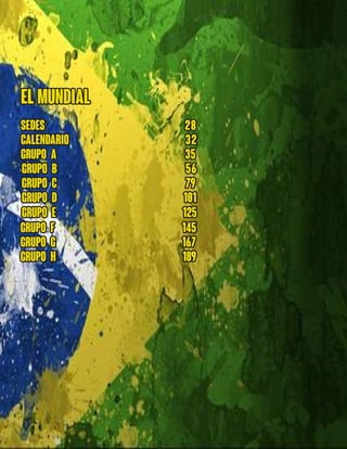 EL MUNDIAL
SEDES 28
CALENDARIO 32
GRUPO A 35
GRUPO C 79
GRUPO B 56
GRUPO D 101
GRUPO E 125
GRUPO F 145
GRUPO G 167
GRUPO H 189
 