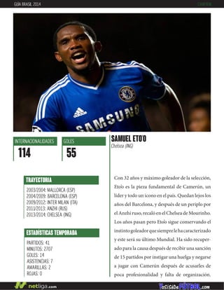 Con 32 años y máximo goleador de la selección,
Eto’o es la pieza fundamental de Camerún, un
líder y todo un icono en el país. Quedan lejos los
años del Barcelona, y después de un periplo por
el Anzhi ruso, recaló en el Chelsea de Mourinho.
Los años pasan pero Eto’o sigue conservando el
instintogoleadorquesiemprelehacaracterizado
y este será su último Mundial. Ha sido recuper-
ado para la causa después de recibir una sanción
de 15 partidos por instigar una huelga y negarse
a jugar con Camerún después de acusarles de
poca profesionalidad y falta de organización.
SAMUEL ETO’O
Chelsea (ING)
TRAYECTORIA
2003/2004: MALLORCA (ESP)
2004/2009: BARCELONA (ESP)
2009/2012: INTER MILAN (ITA)
2011/2013: ANZHI (RUS)
2013/2014: CHELSEA (ING)
ESTADÍSTICAS TEMPORADA
PARTIDOS: 41
MINUTOS: 2707
GOLES: 14
ASISTENCIAS: 7
AMARILLAS: 2
ROJAS: 0
INTERNACIONALIDADES
114
GOLES
55
GUÍA BRASIL 2014 CAMERÚN
 