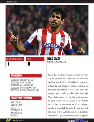 Todas las miradas estarán puestas en Cos-
ta y en su papel en el Mundial tras su discre-
to debút con la Roja. El rojiblanco puede ser
la baza de Del Bosque si opta por utilizar un
delantero tipo de toda la vida. Costa tiene des-
marque, garra, lucha y, sobre todo, tiene gol.
Ahora falta saber si España está prepara-
da para incluir en su sistema a un delante-
ro con las características de Costa. Llegará
tocado al Mundial después de una increíble
campaña con el Atlético donde se proclamó
campeón de Liga y subcampeón de Champions.
ESTADÍSTICAS TEMPORADA
PARTIDOS: 51
MINUTOS: 4142
GOLES: 36
ASISTENCIAS: 7
AMARILLAS: 13
ROJAS: 0
diego costa
ATLÉTICO DE MADRID (ESP)
INTERNACIONALIDADES
1
GOLES
0
TRAYECTORIA
2007/2008: CELTA DE VIGO (ESP)
2008/2009: ALBACETE (ESP)
2009/2010: VALLADOLID (ESP)
2011/2012: RAYO VALLECANO (ESP)
2012/2014: ATLÉTICO DE MADRID (ESP)
GUÍA BRASIL 2014 ESPAÑA
 