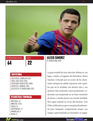 La gran estrella de esta selección chilena es, sin
lugar a dudas, el jugador del Barcelona Alexis
Sánchez. Criticado por un sector de los aficio-
nados siempre ha sabido reponerse ante aquel-
los que no le miraban con buenos ojos y sus
números han mejorado consecuentemente, re-
alizando una temporada en un buen momento
de forma y viendo puerta con mucha facilidad.
Pero sigue estando en el ojo del huracán. Con
Chileesdiferenteyaqueesunapiezafundamen-
tal para Sampaoli, compartiendo ataque con
Vargas y aprovechando su velocidad y su regate.
ESTADÍSTICAS TEMPORADA
PARTIDOS: 55
MINUTOS: 3502
GOLES: 21
ASISTENCIAS: 17
AMARILLAS: 6
ROJAS: 0
INTERNACIONALIDADES
64
GOLES
22
TRAYECTORIA
2005/2006: COBRELOA (CHI)
2006: COLO COLO (CHI)
2007/2008: RIVER PLATE (ARG)
2008/2011: UDINESE (ITA)
2011/2014: FC BARCELONA (ESP)
ALEXIS SÁNCHEZ
FC BARCELONA (ESP)
GUÍA BRASIL 2014 CHILE
 