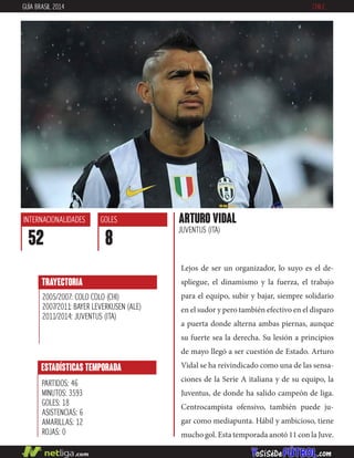 Lejos de ser un organizador, lo suyo es el de-
spliegue, el dinamismo y la fuerza, el trabajo
para el equipo, subir y bajar, siempre solidario
en el sudor y pero también efectivo en el disparo
a puerta donde alterna ambas piernas, aunque
su fuerte sea la derecha. Su lesión a principios
de mayo llegó a ser cuestión de Estado. Arturo
Vidal se ha reivindicado como una de las sensa-
ciones de la Serie A italiana y de su equipo, la
Juventus, de donde ha salido campeón de liga.
Centrocampista ofensivo, también puede ju-
gar como mediapunta. Hábil y ambicioso, tiene
mucho gol. Esta temporada anotó 11 con la Juve.
ARTURO VIDAL
JUVENTUS (ITA)
ESTADÍSTICAS TEMPORADA
PARTIDOS: 46
MINUTOS: 3593
GOLES: 18
ASISTENCIAS: 6
AMARILLAS: 12
ROJAS: 0
INTERNACIONALIDADES
52
GOLES
8
TRAYECTORIA
2005/2007: COLO COLO (CHI)
2007/2011: BAYER LEVERKUSEN (ALE)
2011/2014: JUVENTUS (ITA)
GUÍA BRASIL 2014 CHILE
 