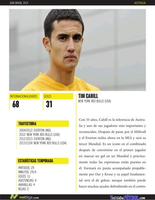 Con 33 años, Cahill es la referencia de Austra-
lia y uno de sus jugadores más importantes y
reconocidos. Después de pasar por el Millwall
y el Everton milita ahora en la MLS y será su
tercer Mundial. Es un icono en el combinado
después de convertirse en el primer jugador
en marcar un gol en un Mundial y práctica-
mente todas las esperanzas están puestas en
él. Formará en punta acompañado propable-
mente por Oar y Kruse y su papel fundamen-
tal será el de golear, aunque también puede
hacer muchas ayudas defendiendo en el centro.
TIM CAHILL
NEW YORK RED BULLS (USA)
ESTADÍSTICAS TEMPORADA
PARTIDOS: 29
MINUTOS: 2414
GOLES: 11
ASISTENCIAS: 4
AMARILLAS: 4
ROJAS: 0
INTERNACIONALIDADES
68
GOLES
31
TRAYECTORIA
2004/2012: EVERTON (ING)
2012: NEW YORK RED BULLS (USA)
2012/2013: EVERTON (ING)
2013/2104: NEW YORK RED BULLS (USA)
GUÍA BRASIL 2014 AUSTRALIA
 