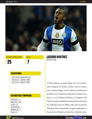 Al final Falcao no pudo llegar a la cita mundi-
alista después de luchar contra viento y marea
para intentar llegar en las mejores condiciones
posibles. En la delantera, Pékerman contará con
Bacca y con Jackson Martínez, el jugador del
Oporto.Jacksondebutóenlaabsolutadelamano
de Eduardo Lara en 2009 y este será su primer
Mundial. Esta temporada su registro goleador se
hapuestoen29golesentodaslascompeticiones.
jackson martínez
OPORTO (POR)
ESTADÍSTICAS TEMPORADA
PARTIDOS: 51
MINUTOS: 4335
GOLES: 29
ASISTENCIAS: 3
AMARILLAS: 7
ROJAS: 0
INTERNACIONALIDADES
25
GOLES
7
TRAYECTORIA
2005/2009: MEDELLÍN (COL)
2009/2012: CHIAPAS (MEX)
2012/2014: OPORTO (POR)
GUÍA BRASIL 2014 COLOMBIA
 