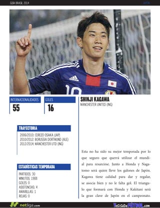 Esta no ha sido su mejor temporada por lo
que seguro que querrá utilizar el mundi-
al para resarcirse. Junto a Honda y Naga-
tomo será quien lleve los galones de Japón.
Kagawa tiene calidad para dar y regalar,
se asocia bien y no le falta gol. El triangu-
lo que formará con Honda y Kakitani será
la gran clave de Japón en el campeonato.
SHINJI KAGAWA
MANCHESTER UNITED (ING)
ESTADÍSTICAS TEMPORADA
PARTIDOS: 30
MINUTOS: 1988
GOLES: 0
ASISTENCIAS: 4
AMARILLAS: 1
ROJAS: 0
INTERNACIONALIDADES
55
GOLES
16
TRAYECTORIA
2006/2010: CEREZO OSAKA (JAP)
2010/2012: BORUSSIA DORTMUND (ALE)
2012/2014: MANCHESTER UTD (ING)
GUÍA BRASIL 2014 JAPÓN
 