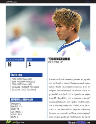 Sin ser un delantero centro puro es un jugador
con gol. Llegó al Cerezo Osaka con cuatro años
aunque firmó su contrato profesional a los 16.
Después de una cesión al Tokushima Vortis, re-
gresó al Cerezo Osaka. Con Japón ha estado en
la sub17 y la sub20, y con la absoluta ya suma 9
internacionalidades con 4 goles. Yoichiro Kaki-
tani es rápido y con mucha calidad, es un delan-
tero con mucha movilidad y que se asocia muy
bien con sus compañeros. De su acierto depend-
erán en gran parte las posibilidades de Japón.
YOICHIRO KAKITANI
CEREZO OSAKA (JAP)
ESTADÍSTICAS TEMPORADA
PARTIDOS: 42
MINUTOS: 3734
GOLES: 24
ASISTENCIAS: 5
AMARILLAS: 0
ROJAS: 0
INTERNACIONALIDADES
10
GOLES
4
TRAYECTORIA
2009: CEREZO OSAKA (JAP)
2009: TOKUSHIMA VORTIS (JAP)
2009: CEREZO OSAKA (JAP)
2010/2011: TOKUSHIMA VORTIS (JAP)
2012/2014: CEREZO OSAKA (JAP)
GUÍA BRASIL 2014 JAPÓN
 
