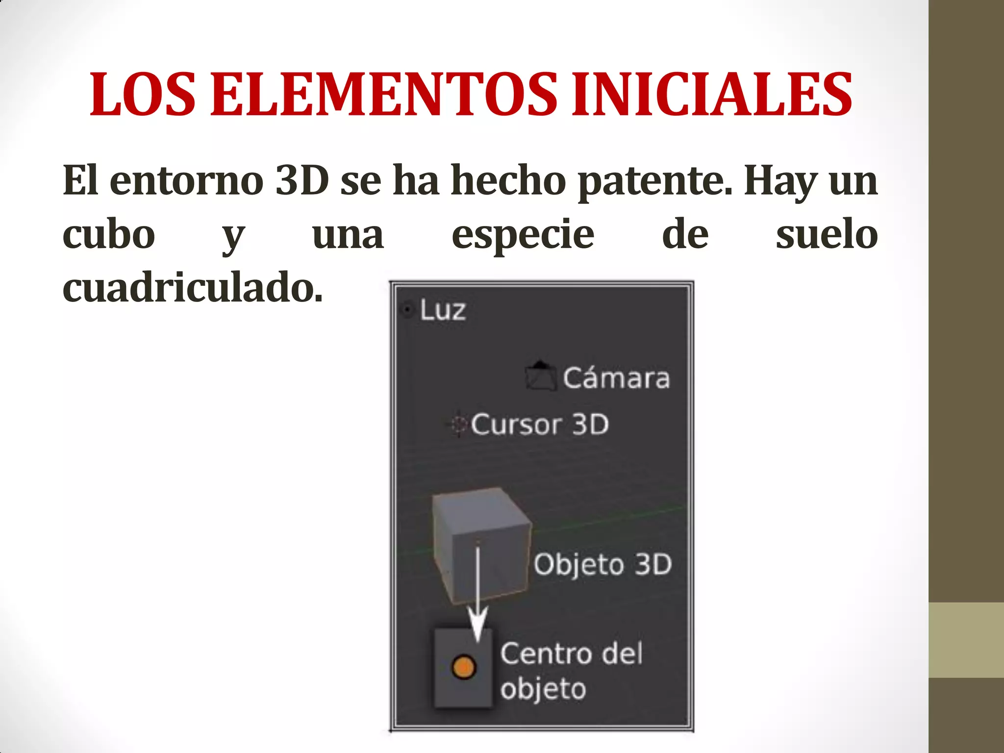 LOS ELEMENTOS INICIALES
El entorno 3D se ha hecho patente. Hay un
cubo y una especie de suelo
cuadriculado.
 