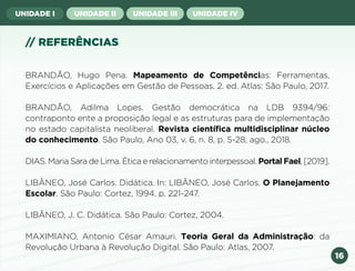16
UNIDADE I UNIDADE II UNIDADE III UNIDADE IV
// REFERÊNCIAS
BRANDÃO, Hugo Pena. Mapeamento de Competências: Ferramentas,
Exercícios e Aplicações em Gestão de Pessoas. 2. ed. Atlas: São Paulo, 2017.
BRANDÃO, Adilma Lopes. Gestão democrática na LDB 9394/96:
contraponto ente a proposição legal e as estruturas para de implementação
no estado capitalista neoliberal. Revista científica multidisciplinar núcleo
do conhecimento. São Paulo, Ano 03, v. 6, n. 8, p. 5-28, ago., 2018.
DIAS. Maria Sara de Lima. Ética e relacionamento interpessoal. Portal Fael, [2019].
LIBÂNEO, José Carlos. Didática. In: LIBÂNEO, José Carlos. O Planejamento
Escolar. São Paulo: Cortez, 1994. p. 221-247.
LIBÂNEO, J. C. Didática. São Paulo: Cortez, 2004.
MAXIMIANO, Antonio César Amauri. Teoria Geral da Administração: da
Revolução Urbana à Revolução Digital. São Paulo: Atlas, 2007.
Anterior Próxima
 