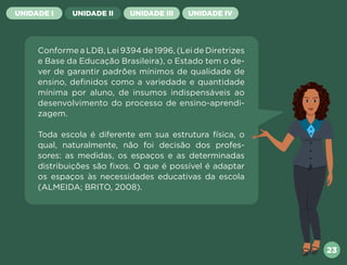 23
UNIDADE I UNIDADE II UNIDADE III UNIDADE IV
Conforme a LDB, Lei 9394 de 1996, (Lei de Diretrizes
e Base da Educação Brasileira), o Estado tem o de-
ver de garantir padrões mínimos de qualidade de
ensino, definidos como a variedade e quantidade
mínima por aluno, de insumos indispensáveis ao
desenvolvimento do processo de ensino-aprendi-
zagem.
Toda escola é diferente em sua estrutura física, o
qual, naturalmente, não foi decisão dos profes-
sores: as medidas, os espaços e as determinadas
distribuições são fixos. O que é possível é adaptar
os espaços às necessidades educativas da escola
(ALMEIDA; BRITO, 2008).
Próxima
Anterior
 