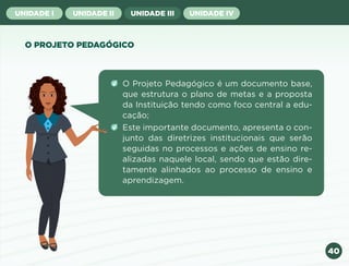40
UNIDADE I UNIDADE II UNIDADE III UNIDADE IV
O PROJETO PEDAGÓGICO
O Projeto Pedagógico é um documento base,
que estrutura o plano de metas e a proposta
da Instituição tendo como foco central a edu-
cação;
Este importante documento, apresenta o con-
junto das diretrizes institucionais que serão
seguidas no processos e ações de ensino re-
alizadas naquele local, sendo que estão dire-
tamente alinhados ao processo de ensino e
aprendizagem.
Anterior Próxima
 