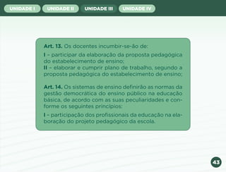 43
UNIDADE I UNIDADE II UNIDADE III UNIDADE IV
Art. 13. Os docentes incumbir-se-ão de:
I – participar da elaboração da proposta pedagógica
do estabelecimento de ensino;
II – elaborar e cumprir plano de trabalho, segundo a
proposta pedagógica do estabelecimento de ensino;
Art. 14. Os sistemas de ensino definirão as normas da
gestão democrática do ensino público na educação
básica, de acordo com as suas peculiaridades e con-
forme os seguintes princípios:
I – participação dos profissionais da educação na ela-
boração do projeto pedagógico da escola.
Anterior Próxima
 