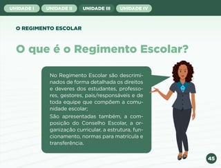 45
UNIDADE I UNIDADE II UNIDADE III UNIDADE IV
O que é o Regimento Escolar?
No Regimento Escolar são descrimi-
nados de forma detalhada os direitos
e deveres dos estudantes, professo-
res, gestores, pais/responsáveis e de
toda equipe que compõem a comu-
nidade escolar;
São apresentadas também, a com-
posição do Conselho Escolar, a or-
ganização curricular, a estrutura, fun-
cionamento, normas para matrícula e
transferência.
O REGIMENTO ESCOLAR
Anterior Próxima
 