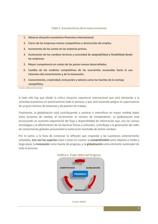 Tabla 1. Características de la nueva economía


     1. Adversa situación económico-financiera internacional.
     2. Cierre de las empresas menos competitivas y destrucción de empleo.
     3. Incremento de los costes en las materias primas.
     4. Aceleración de los cambios técnicos y necesidad de adaptabilidad y flexibilidad desde
        las empresas.
     5. Mayor competencia en costes de los países menos desarrollados.
     6. Cambio de los modelos competitivos de las economías avanzadas hacia el uso
        intensivo del conocimiento y de la innovación.
     7.   Conocimiento, creatividad, innovación y talento como las fuentes de la ventaja
          competitiva.
Fuente: elaboración propia



A todo ello hay que añadir la crítica situación coyuntural internacional que está afectando a la
actividad económica en prácticamente todo el planeta, y que está haciendo peligrar la supervivencia
de un gran número de empresas y de puestos de trabajo.

Finalmente, la globalización está contribuyendo a acelerar e intensificar en mayor medida todos
estos procesos de cambio, al incrementar el número de competidores. La globalización está
provocando un aumento exponencial del flujo y disponibilidad de información que, con las nuevas
tecnologías y la difuminación de las barreras físicas y culturales, contribuye a la generación de redes
de conocimiento globales provocando la aceleración inevitable de dichos cambios.

Por lo tanto, a la hora de comenzar la reflexión que responde a las cuestiones anteriormente
señaladas, tres son los aspectos clave a tener en cuenta: la competitividad como objetivo a medio y
largo plazo, la innovación como fuente de progreso, y la globalización como elemento acelerador de
todo el proceso.

                                 Gráfico 1. Triple Hélice del Progreso



                                   COMPETITIVIDAD             GLOBALIZACIÓN


                                                PROGRESO




                                                INNOVACIÓN




                                              Fuente: IMADE


                                                                                                     3
 