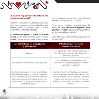 A mí que soy joven todo esto no me
     puede pasar, ¿o sí?                                  muchos ingresos, las que tienen pocos, las que
                                                          estudian, las que trabajan… TODAS.
     Tendemos a pensar que en las relaciones de pareja
     entre jóvenes y adolescentes no se da violencia de   Si soy joven… también me puede pasar. De
     género, ni física ni psicológica, pero… ¿es esto     hecho, las cifras de violencia de género entre
     cierto? NO. Es rotundamente falso.                   jóvenes son escalofriantes, como apuntamos
                                                          en otro apartado de esta guía.
     La violencia de género la puede sufrir cual-
     quiera, las chicas, las ancianas, las que viven en   ¿Qué diferencias existen entre las mujeres jóvenes
     ciudades, las que viven en pueblos, las que tienen   y las adultas?

         Especificidades de las chicas jóvenes                     Dificultades que representa
                     y adolescentes                                    o puede representar

                                                           La inexperiencia en las relaciones de pareja y
                         La edad                             en los comportamientos adecuados o no
                                                                       dentro de las mismas.

                                                               Los episodios de violencia pueden ser
      Relaciones de no convivencia con sus parejas          discontinuas, alargando el periodo entre un
                                                                      episodio y el siguiente.


      Las chicas jóvenes viven en una sociedad que         Las chicas jóvenes en la actualidad se pueden
      públicamente condena la violencia de género,        sentir presionadas porque suelen pensar que a
      las adultas se socializaron con otros mensajes      ellas no les puede pasar, entonces, cuando les
       que relacionaban la violencia de género con          sucede, se encuentran con la necesidad de
      asuntos privados, de cada cual, no como una         justificarlo ante una sociedad que condena los
                    problemática social.                                       hechos.




20
 