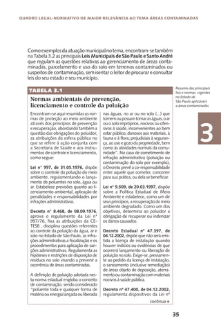 35
Quadro Legal-Normativo de maior relevância ao tema áreas contaminadas
3
Encontram-se aqui resumidas as nor-
mas de proteção ao meio ambiente
através dos princípios de prevenção
erecuperação,abordandotambéma
questão das obrigações do poluidor,
as atribuições da esfera pública no
que se refere à ação conjunta com
a Secretaria de Saúde e aos instru-
mentos de controle e licenciamento,
como segue:
Lei n° 997, de 31.05.1976, dispõe
sobre o controle da poluição do meio
ambiente, regulamentando o lança-
mento de poluentes no solo, água ou
ar. Estabelece previsões quanto ao li-
cenciamento ambiental, aplicação de
penalidades e responsabilidades por
infrações administrativas.
Decreto n° 8.468, de 08.09.1976,
aprova o regulamento da Lei n°
997/76, fixa as atribuições da CE-
TESB , disciplina questões referentes
ao controle da poluição da água, ar e
solo no Estado de São Paulo, as infra-
ções administrativas a fiscalização e os
procedimentos para aplicação de san-
ções administrativas. Regulamenta as
hipóteses e restrições de disposição de
resíduos no solo visando a prevenir a
ocorrência de áreas contaminadas.
A definição de poluição adotada nes-
ta norma estadual engloba o conceito
de contaminação, sendo considerado
“poluente toda e qualquer forma de
matériaouenergialançadaouliberada
Normas ambientais de prevenção,
licenciamento e controle da poluição
nas águas, no ar ou no solo (...) que
tornemoupossamtornaraságuas,oar
ou o solo impróprios, nocivos ou ofen-
sivos à saúde, inconvenientes ao bem
estar público; danosos aos materiais, à
fauna e à flora; prejudiciais à seguran-
ça,aousoegozodapropriedade,bem
como às atividades normais da comu-
nidade”. No caso de cometimento de
infração administrativa (poluição ou
contaminação do solo por exemplo),
o Decreto prevê a co-responsabilidade
entre aquele que cometer, concorrer
para sua prática, ou dela se beneficiar.	
Lei n° 9.509, de 20.03.1997, dispõe
sobre a Política Estadual de Meio
Ambiente e estabelece, como um de
seusprincípios,arecuperaçãodomeio
ambiente degradado. Como um dos
objetivos, determina ao poluidor a
obrigação de recuperar ou indenizar
os danos causados.
Decreto Estadual nº 47.397, de
04.12.2002, dispõe que não será emi-
tida a licença de instalação quando
houver indícios ou evidências de que
ocorrerá lançamento ou liberação de
poluiçãonosolo.Exige-se,previamen-
te ao pedido da licença de instalação,
o saneamento (inclusive remediação)
de áreas objeto de deposição, aterra-
mentooucontaminaçãocommateriais
nocivos à saúde pública.
Decreto nº 47.400, de 04.12.2002,
regulamenta dispositivos da Lei nº
Fcontinua
Comoexemplosdaatuaçãomunicipalnotema,encontram-setambém
naTabela3.2 asprincipais LeisMunicipaisdeSãoPauloeSantoAndré
que regulam as questões relativas ao gerenciamento de áreas conta-
minadas, parcelamento e uso do solo em terrenos contaminados ou
suspeitos de contaminação, sem isentar o leitor de procurar e consultar
leis do seu estado e seu município.
Resumo das principais
leis e normas vigentes
no Estado de
São Paulo aplicáveis
a áreas contaminadas
TABELA 3.1
3
 