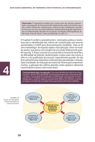 50
Avaliação Ambiental de Terrenos com Potencial de Contaminação
4
O Capítulo 5 contém o procedimento e orientações práticas e ilustra-
tivas para a identificação dos indícios de contaminação nos terrenos
apresentados à CAIXA para desenvolvimento imobiliário. Trata-se de
uma metodologia de resposta rápida e fácil aplicação. Deve-se ressal-
tar, porém, que possui uma margem de erro ainda relativamente gran-
de (veja Fig. 4.3) por causa da sua característica meramente descritiva,
da dificuldade de detectar contaminações muitas vezes não visíveis a
olho nu e da qualificação do executor, especialmente quando ele não
temconhecimentosespecíficosetreinamentoespecializado.Contudo,
dada à facilidade de realização da Vstoria do Terreno para empreendi-
mentos, a aplicação dos critérios descritos neste capítulo é altamente
recomendável e possui custo muito baixo.
Observação: É importante ressaltar que a maior parte dos terrenos apresen-
tados nas propostas de financiamentos habitacionais ainda é de terrenos que
não contêm indícios de contaminação, embora já seja considerável a parcela
de terrenos com pré-uso potencialmente contaminante daqueles apresenta-
dos em determinadas situações de ocupação nas Regiões Metropolitanas de
São Paulo e Rio de Janeiro, como já destacado no item 2.3.
Grupos de informações
a serem levantados na
vistoria do terreno
Figura 4.5
Conclusãodestaetapaeaveriguação:Casosejamidentificadosindíciosdeconta-
minação,oterrenoseráclassificadocomoáreapotencialmentecontaminada(AP)
e ensejará a necessidade de aprofundar as informações, prosseguindo na meto-
dologia para a próxima etapa de Levantamento Básico. Do contrário, o terreno
prossegue normalmente na análise técnica para desenvolvimento imobiliário.
 