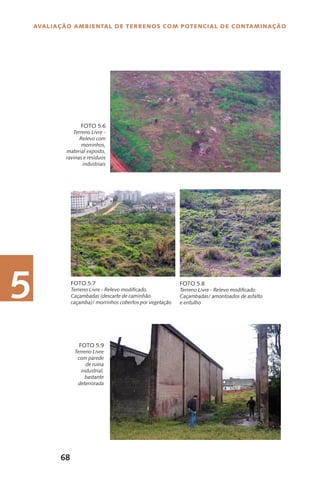 68
Avaliação Ambiental de Terrenos com Potencial de Contaminação
5
Terreno Livre -
Relevo com
morrinhos,
material exposto,
ravinas e resíduos
industriais
Foto 5.6
Terreno Livre - Relevo modificado.
Caçambadas (descarte de caminhão
caçamba)/ morrinhos cobertos por vegetação
Foto.5.7
Terreno Livre - Relevo modificado.
Caçambadas/ amontoados de asfalto
e entulho
Foto 5.8
Terreno Livre
com parede
de ruína
industrial,
bastante
deteriorada
Foto 5.9
 