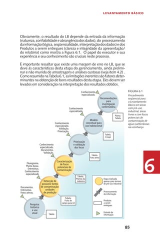 85
Levantamento Básico
6
Obviamente, o resultado do LB depende da entrada da informação
(natureza,confiabilidadeeabrangênciadosdados),do processamento
dainformação(lógica,seqüencialidade,interpretaçãodosdados)edos
Produtos a serem entregues (clareza e integridade da apresentação/
do relatório) como mostra a Figura 6.1. O papel do executor e sua
experiência e seu conhecimento são cruciais neste processo.
É importante ressaltar que existe uma margem de erro no LB, que se
deve às características desta etapa do gerenciamento, ainda prelimi-
nar e não munida de amostragens e análises custosas (veja item 4.2) .
ComoresumidonaTabela6.1,aslimitaçõesinerentessãofatoresdeter-
minantes na obtenção de bons resultados desta etapa. Eles devem ser
levados em consideração na interpretação dos resultados obtidos.
Procedimento
seqüencial para
o Levantamento
Básico em áreas
com pré-uso
industrial, áreas
livres e com focos
potenciais de
contaminação de
águas subterrâneas
na vizinhança
Figura 6.1
 
