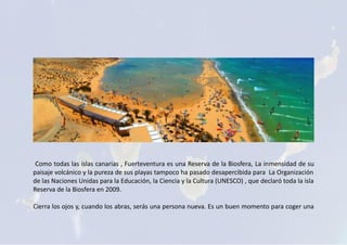 Como todas las islas canarias , Fuerteventura es una Reserva de la Biosfera, La inmensidad de su
paisaje volcánico y la pureza de sus playas tampoco ha pasado desapercibida para La Organización
de las Naciones Unidas para la Educación, la Ciencia y la Cultura (UNESCO) , que declaró toda la isla
Reserva de la Biosfera en 2009.
Cierra los ojos y, cuando los abras, serás una persona nueva. Es un buen momento para coger una
 