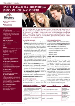 GUÍA DE ESTUDIOS SUPERIORES Y DE POSTGRADO 2016-17100
LES ROCHES MARBELLA
• Instalaciones que simulan un moderno centro
hotelero: campus inalámbrico (Wi-Fi), auditorio con
aforo para 158 personas, laboratorio idiomas, au-
las de demostración para alojamiento, recepción,
bar y de cocina, biblioteca y centro multimedia, 4
restaurantes, 4 cocinas, residencia, putting green y
abono gratuito al centro deportivo de Manolo San-
tana “Racquets Club” (tenis, pádel, piscina, gimna-
sio, sauna, etc.).
• Acreditada en el ámbito universitario por la presti-
giosa New England Association of Schools & Colleges
(NEASC), EE.UU, la cual emana normas de alta ca-
lidad, e utiliza la auto-reflexión, evaluación y las me-
jores prácticas como parte integral de su proceso de
evaluación.
• Tasa de empleabilidad del 90% al graduarse.
• Periodos de prácticas internacionales o nacionales
para todos sus programas universitarios, en em-
presas de alto reconocimiento a nivel mundial
• 30 visitas al campus por semestre de reclutadores
de las más prestigiosas empresas de turismo, ho-
teles, retail, moda y tecnología.
• 4 ofertas de prácticas por estudiante al semestre.
• Asociación de Antiguos Alumnos (Alumni).
REquISITOS dE AdMISIón
Bachillerato LOGSE o equivalente y nivel de inglés
acreditado (IELTS 5.0 / First Certificate, TOEFL 500).
pROgRAMAS ACAdéMICOS
Les Roches Marbella ofrece las siguientes titulacio¬-
nes a nivel de grado: Título universitario en Adminis-
tración Hotelera Internacional (BBA in International
Hotel Management) con 4 especializaciones:
- Dirección Estratégica de Recursos Humanos
- Emprendimiento y Gestión de Pymes
- Gestión de Eventos
- Gestión de Resorts
diploma en Alta dirección Hotelera Internacional
(3 años).
El programa del BBA capacita al alumno para iniciar
una carrera de éxito en la industria hotelera, desarro-
llando y adquiriendo capacidades técnicas, administra-
tivas y directivas a través de diversos métodos docen-
tes y procesos de aprendizaje de estándares suizos.
El programa de grado desarrolla habilidades estra-
tégicas y de gestión, también ofrece acceso a estu-
dios de postgrado. Está estructurado en 5 semestres
académicos (teóricos/prácticos en la Escuela) y 2 pe-
riodos de prácticas en establecimientos hoteleros y
turísticos a nivel mundial.
Los estudiantes que cesen el programa del Título Uni-
versitario en el 5º semestre deberán realizar un pe-
riodo de prácticas adicional para obtener el Diploma
en Alta Dirección Hotelera Internacional.
dIRECCIón
Les Roches Marbella
Escuela Int. de Alta Dirección de Hotel
Urbanización Las Lomas de Río Verde
Ctra. de Istán, km. 1 29602 Marbella
Tel.: 952 76 44 37
info@lesroches.es
www.lesroches.es
dIRECTOR dEL CEnTRO
D. Carlos Díez de la Lastra Buigues
AÑO dE CREACIón
1995
ALuMnOS
Alumnos totales: 1.201 (71% extranjeros)
86% (grado) y 14% (postgrado)
Alumnos por aula: 25-35
(44% hombres, 56% mujeres)
pROFESORES
53
pROpORCIón pROFESOR/ALuMnO
1 profesor / 13 alumnos
BECAS y pLAnES dE FInAnCIACIón
Tel.: 952 76 44 37
pRáCTICAS En EMpRESAS
Prácticas en establecimientos hoteleros,
turísticos, tecnología y moda de lujo
BOLSA dE TRABAjO
alumni@lesroches.es
ACuERdOS COn OTRAS ESCuELAS
dEL gRupO LES ROCHES
Programa internacional de Intercambio:
Escuela Internacional de Alta Dirección
de Hotel Les Roches (Bluche, Suiza); Les
Roches Jin Jiang (Shangai, China), Les
Roches Chicago (USA) y Royal Academy
of Culinary Arts (Jordania)
LOCALIdAdES COn CEnTROS
Marbella (Málaga)
AEROpuERTO MáS CERCAnO
Málaga (Málaga), 55 km.
Les Roches Marbella ha sido calificada como la universidad más prestigiosa de
España y entre las top del mundo en la formación de estudiantes en la gestión
y administración hotelera para el desarrollo de una carrera internacional
(TNS - Global Survey). Desde el inicio de su actividad en 1995, Les Roches
Marbella ha formado a más de 3.500 alumnos, que están trabajando en puestos
de dirección en más de 54 países.
LesrochesmarbeLLa·InternatIonaL
schooLofhoteLmanagement
www.lesroches.es
info@lesroches.es
Urb. Las Lomas de Río Verde
(Marbella)
GRADOS QUE IMPARTE DURAcIón InIcIO AccESO
tItULacIones PrIVaDas
Título Univ. en Administración Hotelera
Internacional (BBA in International
Hotel Management)
3,5 años Enero / Agosto / Octubre
Bachillerato
(y acreditar nivel
de inglés)
Diploma en Alta Dirección Hotelera
Internacional
3 años Enero / Agosto / Octubre
Bachillerato (y
acreditar nivel
de inglés)
Título Univ. en Administración Hotelera
Internacional con inglés intensivo y
servicio
4 años Enero / Agosto
Bachillerato
(y nivel de inglés
equivalente a
IELTS 4.5)
 