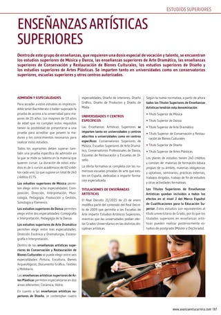 107www.avanzaentucarrera.com
ESTUDIOS SUPERIORES
Dentro de este grupo de enseñanzas, que requieren una dosis especial de vocación y talento, se encuentran
los estudios superiores de Música y Danza, las enseñanzas superiores de Arte Dramático, las enseñanzas
superiores de Conservación y Restauración de Bienes Culturales, los estudios superiores de Diseño y
los estudios superiores de Artes Plásticas. Se imparten tanto en universidades como en conservatorios
superiores, escuelas superiores y otros centros autorizados.
ADMISIÓN Y ESPECIALIDADES
Para acceder a estos estudios es imprescin-
dible tener Bachillerato o haber superado la
prueba de acceso a la universidad para ma-
yores de 25 años. Los mayores de 19 años
de edad que no cumplan estos requisitos
tienen la posibilidad de presentarse a una
prueba para acreditar que poseen la ma-
durez y los conocimientos necesarios para
realizar estos estudios.
Todos los aspirantes deben superar tam-
bién una prueba específica de admisión en
la que se mide su talento en la materia que
quieren cursar. La duración de estos estu-
dios es de 4 cursos académicos de 60 crédi-
tos cada uno. Lo que supone un total de 240
créditos ECTS.
Los estudios superiores de Música permi-
ten elegir entre ocho especialidades: Com-
posición, Dirección, Interpretación, Musi-
cología, Pedagogía, Producción y Gestión,
Sonología y Flamenco.
Los estudios superiores de Danza permiten
elegir entre dos especialidades: Coreografía
e Interpretación, Pedagogía de la Danza.
Los estudios superiores de Arte Dramático
permiten elegir entre tres especialidades:
Dirección Escénica y Dramaturgia, Esceno-
grafía e Interpretación.
Dentro de las enseñanzas artísticas supe-
riores de Conservación y Restauración de
Bienes Culturales se puede elegir entre seis
especialidades: Pintura, Escultura, Bienes
Arqueológicos, Documento Gráfico, Textiles
y Mobiliario.
Las enseñanzas artísticas superiores de Ar-
tes Plásticas permiten especializarse en dos
áreas diferentes: Cerámica, Vidrio.
En cuanto a las enseñanzas artísticas su-
periores de Diseño, se contemplan cuatro
especialidades: Diseño de Interiores, Diseño
Gráfico, Diseño de Productos y Diseño de
Moda.
UNIVERSIDADES Y CENTROS
ESPECÍFICOS
Las Enseñanzas Artísticas Superiores se
imparten tanto en universidades y centros
adscritos a universidades como en centros
específicos: Conservatorios Superiores de
Música, Escuelas Superiores de Arte Dramá-
tico, Conservatorios Profesionales de Danza,
Escuelas de Restauración y Escuelas de Di-
seño.
La oferta formativa se completa con las nu-
merosas escuelas privadas de arte que exis-
ten en España, dedicadas a impartir forma-
ción especializada.
TITULACIONES DE ENSEÑANZAS
ARTÍSTICAS
El Real Decreto 21/2015 de 23 de enero
modifica parte del contenido del Real Decre-
to de 2009 que permitía a las Escuelas de
Arte impartir Estudios Artísticos Superiores,
mientras que las universidades podían ofer-
tar Grados Universitarios en las distintas dis-
ciplinas artísticas.
Según la nueva normativa, a partir de ahora
todos los Títulos Superiores de Enseñanzas
Artísticas tendrán esta denominación:
• Título Superior de Música
• Título Superior de Danza
• Título Superior de Arte Dramático
• Título Superior de Conservación y Restau-
ración de Bienes Culturales
• Título Superior de Diseño
• Título Superior de Artes Plásticas
Los planes de estudios tienen 240 créditos
y constan de: materias de formación básica
propias de su ámbito, materias obligatorias
y optativas, seminarios, prácticas externas,
trabajos dirigidos, trabajo de fin de estudios
y otras actividades formativas.
Los Títulos Superiores de Enseñanzas
Artísticas quedan incluidos a todos los
efectos en el nivel 2 del Marco Español
de Cualificaciones para la Educación Su-
perior. Estos estudios son equivalentes al
título universitario de Grado, por lo que los
titulados superiores en enseñanzas artís-
ticas pueden realizar posteriormente es-
tudios de postgrado (Máster y Doctorado).
ENSEÑANZASARTÍSTICAS
SUPERIORES
 