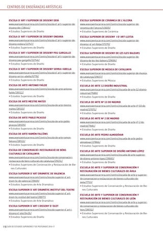 GUÍA DE ESTUDIOS SUPERIORES Y DE POSTGRADO 2016-17110
EscolA d´Art i suPErior dE dissEny dEià
www.avanzaentucarrera.com/centro/escola-d´art-i-superior-de-
disseny-dei-/28444/
•	Estudios Superiores de Diseño
EscolA d´Art i suPErior dE dissEny ondArA
www.avanzaentucarrera.com/centro/escola-d´art-i-superior-de-
disseny-ondara/22747/
•	Estudios Superiores de Diseño
EscolA d´Art i suPErior dE dissEny PAu gArgAllo
www.avanzaentucarrera.com/centro/escola-d´art-i-superior-de-
disseny-pau-gargallo/22746/
•	Estudios Superiores de Diseño
EscolA d´Art i suPErior dE dissEny sErrA i ABEllA
www.avanzaentucarrera.com/centro/escola-d´art-i-superior-de-
disseny-serra-i-abella/6778/
•	Estudios Superiores de Diseño
EscolA dE ArtE Antonio fAíldE
www.avanzaentucarrera.com/centro/escola-de-arte-antonio-
failde/28512/
•	Estudios Superiores de Diseño
EscolA dE ArtE mEstrE mAtEo
www.avanzaentucarrera.com/centro/escola-de-arte-mestre-
mateo/28510/
•	Estudios Superiores de Diseño
EscolA dE ArtE PABlo PicAsso
www.avanzaentucarrera.com/centro/escola-de-arte-pablo-
picasso/28509/
•	Estudios Superiores de Diseño
EscolA dE ArtE rAmón fAlcóns
www.avanzaentucarrera.com/centro/escola-de-arte-ramon-
falcons/28511/
•	Estudios Superiores de Diseño
EscolA dE consErvAció i rEstAurAció dE Béns
culturAls dE cAtAlunyA
www.avanzaentucarrera.com/centro/escola-de-conservacio-i-
restauracio-de-bens-culturals-de-catalunya/29151/
•	Estudios Superiores de Conservación y Restauración de Bie-
nes Culturales
EscolA suPErior d´Art drAmàtic dE vAlEnciA
www.avanzaentucarrera.com/centro/escola-superior-d´art-
dram-tic-de-valencia/29669/
•	Estudios Superiores de Arte Dramático
EscolA suPErior d´Art drAmàtic-institut dEl tEAtrE
www.avanzaentucarrera.com/centro/escola-superior-d´art-
dram-tic-institut-del-teatre/28977/
•	Estudios Superiores de Arte Dramático
EscolA suPErior d´Art i dissEny d´olot
www.avanzaentucarrera.com/centro/escola-superior-d´art-i-
disseny-d´olot/6426/
•	Estudios Superiores de Diseño
EscolA suPErior dE cErámicA dE l’AlcorA
www.avanzaentucarrera.com/centro/escola-superior-de-
ceramica-de-l’alcora/45820/
•	Estudios Superiores de Cerámica
EscolA suPErior dE dissEny i d´Art llotjA
www.avanzaentucarrera.com/centro/escola-superior-de-
disseny-i-d´art-llotja/27270/
•	Estudios Superiores de Diseño
EscolA suPErior dE dissEny dE lEs ilEs BAlEArs
www.avanzaentucarrera.com/centro/escola-superior-de-
disseny-de-les-iles-balears/29666/
•	Estudios Superiores de Diseño
EscolA suPErior dE músicA dE cAtAlunyA
www.avanzaentucarrera.com/centro/escola-superior-de-musica-
de-catalunya/29657/
•	Estudios Superiores de Música
EscuElA dE ArtE 12 disEño industriAl
www.avanzaentucarrera.com/centro/escuela-de-arte-12-diseno-
industrial/7680/
•	Estudios Superiores de Diseño
EscuElA dE ArtE nº 10 dE mAdrid
www.avanzaentucarrera.com/centro/escuela-de-arte-nº-10-de-
madrid/27071/
•	Estudios Superiores de Diseño
EscuElA dE ArtE nº 2 dE mAdrid
www.avanzaentucarrera.com/centro/escuela-de-arte-nº-2-de-
madrid/7681/
•	Estudios Superiores de Diseño
EscuElA dE ArtE PEdro AlmodóvAr
www.avanzaentucarrera.com/centro/escuela-de-arte-pedro-
almodovar/27866/
•	Estudios Superiores de Diseño
EscuElA dE ArtE suPErior dE disEño Antonio lóPEz
www.avanzaentucarrera.com/centro/escuela-de-arte-superior-
de-diseno-antonio-lopez/29683/
•	Estudios Superiores de Diseño
EscuElA dE ArtE y suPErior dE consErvAción y
rEstAurAción dE BiEnEs culturAlEs dE ávilA
www.avanzaentucarrera.com/centro/escuela-de-arte-y-superior-
de-conservacion-y-restauracion-de-bienes-culturales-de-
ávila/7753/
•	Estudios Superiores de Conservación y Restauración de Bie-
nes Culturales
EscuElA dE ArtE y suPErior dE consErvAción y
rEstAurAción dE BiEnEs culturAlEs dE lEón
www.avanzaentucarrera.com/centro/escuela-de-arte-y-superior-
de-conservacion-y-restauracion-de-bienes-culturales-de-
leon/28032/
•	Estudios Superiores de Conservación y Restauración de Bie-
nes Culturales
CENTROS DE ENSEÑANZAS ARTÍSTICAS
 