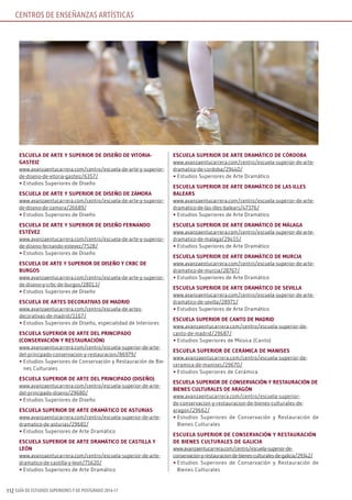 GUÍA DE ESTUDIOS SUPERIORES Y DE POSTGRADO 2016-17112
EscuElA dE ArtE y suPErior dE disEño dE vitoriA-
gAstEiz
www.avanzaentucarrera.com/centro/escuela-de-arte-y-superior-
de-diseno-de-vitoria-gasteiz/6357/
•	Estudios Superiores de Diseño
EscuElA dE ArtE y suPErior dE disEño dE zAmorA
www.avanzaentucarrera.com/centro/escuela-de-arte-y-superior-
de-diseno-de-zamora/26689/
•	Estudios Superiores de Diseño
EscuElA dE ArtE y suPErior dE disEño fErnAndo
EstévEz
www.avanzaentucarrera.com/centro/escuela-de-arte-y-superior-
de-diseno-fernando-estevez/7528/
•	Estudios Superiores de Diseño
EscuElA dE ArtE y suPErior dE disEño y crBc dE
Burgos
www.avanzaentucarrera.com/centro/escuela-de-arte-y-superior-
de-diseno-y-crbc-de-burgos/28013/
•	Estudios Superiores de Diseño
EscuElA dE ArtEs dEcorAtivAs dE mAdrid
www.avanzaentucarrera.com/centro/escuela-de-artes-
decorativas-de-madrid/1167/
•	Estudios Superiores de Diseño, especialidad de Interiores
EscuElA suPErior dE ArtE dEl PrinciPAdo
(consErvAción y rEstAurAción)
www.avanzaentucarrera.com/centro/escuela-superior-de-arte-
del-principado-conservacion-y-restauracion/86979/
•	Estudios Superiores de Conservación y Restauración de Bie-
nes Culturales
EscuElA suPErior dE ArtE dEl PrinciPAdo (disEño)
www.avanzaentucarrera.com/centro/escuela-superior-de-arte-
del-principado-diseno/29680/
•	Estudios Superiores de Diseño
EscuElA suPErior dE ArtE drAmático dE AsturiAs
www.avanzaentucarrera.com/centro/escuela-superior-de-arte-
dramatico-de-asturias/29681/
•	Estudios Superiores de Arte Dramático
EscuElA suPErior dE ArtE drAmático dE cAstillA y
lEón
www.avanzaentucarrera.com/centro/escuela-superior-de-arte-
dramatico-de-castilla-y-leon/75620/
•	Estudios Superiores de Arte Dramático
EscuElA suPErior dE ArtE drAmático dE córdoBA
www.avanzaentucarrera.com/centro/escuela-superior-de-arte-
dramatico-de-cordoba/29440/
•	Estudios Superiores de Arte Dramático
EscuElA suPErior dE ArtE drAmático dE lAs illEs
BAlEArs
www.avanzaentucarrera.com/centro/escuela-superior-de-arte-
dramatico-de-las-illes-balears/47376/
•	Estudios Superiores de Arte Dramático
EscuElA suPErior dE ArtE drAmático dE málAgA
www.avanzaentucarrera.com/centro/escuela-superior-de-arte-
dramatico-de-malaga/29455/
•	Estudios Superiores de Arte Dramático
EscuElA suPErior dE ArtE drAmático dE murciA
www.avanzaentucarrera.com/centro/escuela-superior-de-arte-
dramatico-de-murcia/28767/
•	Estudios Superiores de Arte Dramático
EscuElA suPErior dE ArtE drAmático dE sEvillA
www.avanzaentucarrera.com/centro/escuela-superior-de-arte-
dramatico-de-sevilla/28971/
•	Estudios Superiores de Arte Dramático
EscuElA suPErior dE cAnto dE mAdrid
www.avanzaentucarrera.com/centro/escuela-superior-de-
canto-de-madrid/29687/
•	Estudios Superiores de Música (Canto)
EscuElA suPErior dE cErámicA dE mAnisEs
www.avanzaentucarrera.com/centro/escuela-superior-de-
ceramica-de-manises/29670/
•	Estudios Superiores de Cerámica
EscuElA suPErior dE consErvAción y rEstAurAción dE
BiEnEs culturAlEs dE ArAgón
www.avanzaentucarrera.com/centro/escuela-superior-
de-conservacion-y-restauracion-de-bienes-culturales-de-
aragon/29662/
•	Estudios Superiores de Conservación y Restauración de
Bienes Culturales
EscuElA suPErior dE consErvAción y rEstAurAción
dE BiEnEs culturAlEs dE gAliciA
www.avanzaentucarrera.com/centro/escuela-superior-de-
conservacion-y-restauracion-de-bienes-culturales-de-galicia/29342/
•	Estudios Superiores de Conservación y Restauración de
Bienes Culturales
CENTROS DE ENSEÑANZAS ARTÍSTICAS
 