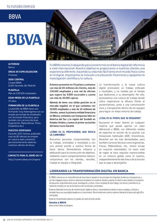 GUÍA DE ESTUDIOS SUPERIORES Y DE POSTGRADO 2016-1710
TU FUTURO EMPLEO
Estamos presentes en 35 países y contamos
con más de 66 millones de clientes, más de
130.000 empleados y una red de oficinas
que supera las 9.000 sucursales y cuenta
con más de 30.000 cajeros.
Además de tener una sólida posición en el
mercado español, en el que contamos con
30.000 empleados y más de 10 millones de
clientes, somos la primera entidad financiera
en México; contamos con franquicias líder en
América del Sur y la región del Sunbelt en
Estados Unidos; y somos el primer accionista
del banco turco Garanti.
¿CóMo ES El profESionAl qUE bUSCA
lA CoMpAñíA?
Buscamos personas comprometidas con
su trabajo, orientadas a resultados y con
una actitud acorde a nuestra forma de
hacer banca. Demandamos esfuerzo y
dedicación para la consecución de objetivos,
mediante cuatro comportamientos básicos:
compromiso con los clientes, sencillez,
trabajo en equipo e integridad.
La transformación y la nueva cultura
digital promueven un trabajo enfocado
a resultados, y no medido por el tiempo
que dedicamos a su desempeño. Por ello,
promovemos una cultura de trabajo donde
cobra importancia la eficacia frente al
presencialismo, junto a una comunicación
clara y transparente dentro de los equipos
para lograr un mejor entorno de trabajo.
¿CúAl ES El pErfil qUE SE rEqUiErE?
Buscamos el mejor talento en cualquier
materia que pueda aportar un valor
diferencial a BBVA, con diferentes niveles
de expertise en función de la vacante. Las
titulaciones habituales (ADE, Económicas,
Derecho) son las más demandadas, pero
también carreras técnicas como Ingenierías,
Físicas, Matemáticas, etc., tienen encaje
en nuestras necesidades. Un buen nivel
de inglés se hace requisito imprescindible
en un entorno global como el nuestro,
independientemente del área o de la función
que se vaya a desempeñar.
ACtividAd
Banca
ÁrEAS dE ESpECiAliZACión
Finanzas
SEdE CEntrAl
Ciudad BBVA
(Calle Sauceda 28, Madrid)
plAntillA
Más de 130.000 empleados
EdAd MEdiA dE lA plAntillA
37 años
forMACión dE lA plAntillA
La plantilla de BBVA tiene una
formación muy heterogenea con un
amplio porcentaje de empleados
con formación financiera, pero
también con carreras técnicas
(Ingenierías, Matemáticas, Física,
Estadística etc.)
pUEStoS ofErtAdoS
Durante 2015 hemos publicado
más de 80 ofertas de empleo
en nuestra web y tenemos
permanentemente abiertas
nuestras ofertas de becas.
http://careers.bbva.com/espana
EnBBVAcreemosenunmododiferentedehacerbanca,basadoenlosprincipiosdeintegridad,prudenciaytransparencia;y
porellotrabajamosparaconstruirrelacionesduraderasconnuestrosclientesyaportarelmáximovalorposibleconproyectos
deeducación,emprendimientosocial,investigaciónycultura.Comoresultadodeestetrabajo,noshemosconvertidoenun
referentemundialyenunodelosbancosmásreconocidosypremiados.
Estamosliderandoelprocesodetransformacióndigitalenbanca,reinventándonosdesdeunbancoanalógico,eficientey
rentablehaciaunacasadigitalbasadaenelconocimiento.Recorriendoestecamino,estamosliderandolabancadelsigloXXIa
nivelglobal.
Estamosreinventandolabancaytúpuedesserpartedeestecambio.
Súmate a BBVA
www.careers.bbva.com/espana
liderAndo lA trAnsformAción digitAl en BAncA
ContACto pArA El Envío dE Cv
En BBVA estamos trabajando para convertirnos en el banco digital de referencia
a nivel internacional. Nuestro objetivo es proporcionar a nuestros clientes una
experiencia diferente, haciendo su vida más fácil tanto en el mundo físico como
en el digital. Impulsamos la inclusión y la educación financieras y apoyamos la
investigación científica y la cultura.
bbva
 