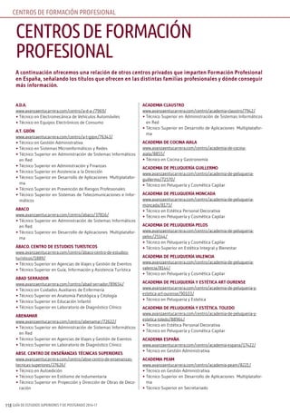 GUÍA DE ESTUDIOS SUPERIORES Y DE POSTGRADO 2016-17118
A continuación ofrecemos una relación de otros centros privados que imparten Formación Profesional
en España, señalando los títulos que ofrecen en las distintas familias profesionales y dónde conseguir
más información.
A.D.A.
www.avanzaentucarrera.com/centro/a-d-a-/7969/
•	Técnico en Electromecánica de Vehículos Automóviles
•	Técnico en Equipos Electrónicos de Consumo
A.T. Gijón
www.avanzaentucarrera.com/centro/a-t-gijon/76343/
•	Técnico en Gestión Administrativa
•	Técnico en Sistemas Microinformáticos y Redes
•	Técnico Superior en Administración de Sistemas Informáticos
en Red
•	Técnico Superior en Administración y Finanzas
•	Técnico Superior en Asistencia a la Dirección
•	Técnico Superior en Desarrollo de Aplicaciones Multiplatafor-
ma
•	Técnico Superior en Prevención de Riesgos Profesionales
•	Técnico Superior en Sistemas de Telecomunicaciones e Infor-
máticos
AbAco
www.avanzaentucarrera.com/centro/abaco/37816/
•	Técnico Superior en Administración de Sistemas Informáticos
en Red
•	Técnico Superior en Desarrollo de Aplicaciones Multiplatafor-
ma
ÁbAco. cEnTro DE EsTuDios TurísTicos
www.avanzaentucarrera.com/centro/ábaco-centro-de-estudios-
turisticos/1889/
•	Técnico Superior en Agencias de Viajes y Gestión de Eventos
•	Técnico Superior en Guía, Información y Asistencia Turística
AbAD sErrADor
www.avanzaentucarrera.com/centro/abad-serrador/89654/
•	Técnico en Cuidados Auxiliares de Enfermería
•	Técnico Superior en Anatomía Patológica y Citología
•	Técnico Superior en Educación Infantil
•	Técnico Superior en Laboratorio de Diagnóstico Clínico
AbEnAmAr
www.avanzaentucarrera.com/centro/abenamar/72622/
•	Técnico Superior en Administración de Sistemas Informáticos
en Red
•	Técnico Superior en Agencias de Viajes y Gestión de Eventos
•	Técnico Superior en Laboratorio de Diagnóstico Clínico
AbsE. cEnTro DE EnsEñAnzAs TécnicAs suPEriorEs
www.avanzaentucarrera.com/centro/abse-centro-de-ensenanzas-
tecnicas-superiores/27626/
•	Técnico en Autoedición
•	Técnico Superior en Estilismo de Indumentaria
•	Técnico Superior en Proyección y Dirección de Obras de Deco-
ración
AcADEmiA clAusTro
www.avanzaentucarrera.com/centro/academia-claustro/7942/
•	Técnico Superior en Administración de Sistemas Informáticos
en Red
•	Técnico Superior en Desarrollo de Aplicaciones Multiplatafor-
ma
AcADEmiA DE cocinA AiAlA
www.avanzaentucarrera.com/centro/academia-de-cocina-
aiala/8855/
•	Técnico en Cocina y Gastronomía
AcADEmiA DE PEluquEríA GuillErmo
www.avanzaentucarrera.com/centro/academia-de-peluqueria-
guillermo/72570/
•	Técnico en Peluquería y Cosmética Capilar
AcADEmiA DE PEluquEríA moncADA
www.avanzaentucarrera.com/centro/academia-de-peluqueria-
moncada/8173/
•	Técnico en Estética Personal Decorativa
•	Técnico en Peluquería y Cosmética Capilar
AcADEmiA DE PEluquEríA PElos
www.avanzaentucarrera.com/centro/academia-de-peluqueria-
pelos/25144/
•	Técnico en Peluquería y Cosmética Capilar
•	Técnico Superior en Estética Integral y Bienestar
AcADEmiA DE PEluquEríA VAlEnciA
www.avanzaentucarrera.com/centro/academia-de-peluqueria-
valencia/8144/
•	Técnico en Peluquería y Cosmética Capilar
AcADEmiA DE PEluquEríA y EsTéTicA ArT ourEnsE
www.avanzaentucarrera.com/centro/academia-de-peluqueria-y-
estetica-art-ourense/90103/
•	Técnico en Peluqueria y Estetica
AcADEmiA DE PEluquEríA y EsTéTicA. TolEDo
www.avanzaentucarrera.com/centro/academia-de-peluqueria-y-
estetica-toledo/88964/
•	Técnico en Estética Personal Decorativa
•	Técnico en Peluquería y Cosmética Capilar
AcADEmiA EsPAñA
www.avanzaentucarrera.com/centro/academia-espana/17422/
•	Técnico en Gestión Administrativa
AcADEmiA PEAm
www.avanzaentucarrera.com/centro/academia-peam/8221/
•	Técnico en Gestión Administrativa
•	Técnico Superior en Desarrollo de Aplicaciones Multiplatafor-
ma
•	Técnico Superior en Secretariado
CENTROSDEFORMACIÓN
PROFESIONAL
CENTROS DE FORMACIÓN PROFESIONAL
 