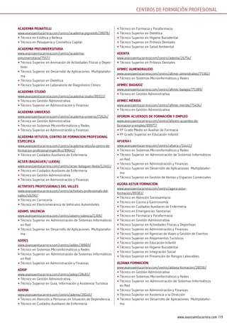 119www.avanzaentucarrera.com
AcADEmiA PiGnATElli
www.avanzaentucarrera.com/centro/academia-pignatelli/28078/
•	Técnico en Estética y Belleza
•	Técnico en Peluquería y Cosmética Capilar
AcADEmiA PrEuniVErsiTAriA
www.avanzaentucarrera.com/centro/academia-
preuniversitaria/7957/
•	Técnico Superior en Animación de Actividades Físicas y Depor-
tivas
•	Técnico Superior en Desarrollo de Aplicaciones Multiplatafor-
ma
•	Técnico Superior en Dietética
•	Técnico Superior en Laboratorio de Diagnóstico Clínico
AcADEmiA sTuDio
www.avanzaentucarrera.com/centro/academia-studio/89311/
•	Técnico en Gestión Administrativa
•	Técnico Superior en Administración y Finanzas
AcADEmiA uniVErso
www.avanzaentucarrera.com/centro/academia-universo/72624/
•	Técnico en Gestión Administrativa
•	Técnico en Sistemas Microinformáticos y Redes
•	Técnico Superior en Administración y Finanzas
AcADEmiA VETusTA, cEnTro DE FormAcion ProFEsionAl
EsPEciFicA
www.avanzaentucarrera.com/centro/academia-vetusta-centro-de-
formacion-profesional-especifica/89642/
•	Técnico en Cuidados Auxiliares de Enfermería
AcsEr (bAlAGuEr/ llEiDA)
www.avanzaentucarrera.com/centro/acser-balaguer-lleida/12461/
•	Técnico en Cuidados Auxiliares de Enfermería
•	Técnico en Gestión Administrativa
•	Técnico Superior en Administración y Finanzas
AcTiViTATs ProFEssionAls DEl VAllès
www.avanzaentucarrera.com/centro/activitats-professionals-del-
valles/48290/
•	Técnico en Carrocería
•	Técnico en Electromecánica de Vehículos Automóviles
ADAms. VAlEnciA
www.avanzaentucarrera.com/centro/adams-valencia/1309/
•	Técnico Superior en Administración de Sistemas Informáticos
en Red
•	Técnico Superior en Desarrollo de Aplicaciones Multiplatafor-
ma
ADDEs
www.avanzaentucarrera.com/centro/addes/38869/
•	Técnico en Sistemas Microinformáticos y Redes
•	Técnico Superior en Administración de Sistemas Informáticos
en Red
•	Técnico Superior en Administración y Finanzas
ADEiP
www.avanzaentucarrera.com/centro/adeip/28483/
•	Técnico en Gestión Administrativa
•	Técnico Superior en Guía, Información y Asistencia Turística
ADEmA
www.avanzaentucarrera.com/centro/adema/28146/
•	Técnico en Atención a Personas en Situación de Dependencia
•	Técnico en Cuidados Auxiliares de Enfermería
•	Técnico en Farmacia y Parafarmacia
•	Técnico Superior en Dietética
•	Técnico Superior en Higiene Bucodental
•	Técnico Superior en Prótesis Dentales
•	Técnico Superior en Salud Ambiental
ADEnTA
www.avanzaentucarrera.com/centro/adenta/26754/
•	Técnico Superior en Prótesis Dentales
AFimEc AlmEnDrAlEjo
www.avanzaentucarrera.com/centro/afimec-almendralejo/75382/
•	Técnico en Sistemas Microinformáticos y Redes
AFimEc bADAjoz
www.avanzaentucarrera.com/centro/afimec-badajoz/75389/
•	Técnico en Gestión Administrativa
AFimEc mériDA
www.avanzaentucarrera.com/centro/afimec-merida/75404/
•	Técnico en Gestión Administrativa
AForEm. AcuErDos DE FormAción y EmPlEo
www.avanzaentucarrera.com/centro/aforem-acuerdos-de-
formacion-y-empleo/89977/
•	FP Grado Medio en Auxiliar de Farmacia
•	FP Grado Superior en Educación Infantil
AFuErA i
www.avanzaentucarrera.com/centro/afuera-i/14441/
•	Técnico en Sistemas Microinformáticos y Redes
•	Técnico Superior en Administración de Sistemas Informáticos
en Red
•	Técnico Superior en Administración y Finanzas
•	Técnico Superior en Desarrollo de Aplicaciones Multiplatafor-
ma
•	Técnico Superior en Gestión de Ventas y Espacios Comerciales
AGorA AsTur FormAción
www.avanzaentucarrera.com/centro/agora-astur-
formacion/89383/
•	Técnico en Atención Sociosanitaria
•	Técnico en Cocina y Gastronomía
•	Técnico en Cuidados Auxiliares de Enfermería
•	Técnico en Emergencias Sanitarias
•	Técnico en Farmacia y Parafarmacia
•	Técnico en Gestión Administrativa
•	Técnico Superior en Actividades Físicas y Deportivas
•	Técnico Superior en Administración y Finanzas
•	Técnico Superior en Agencias de Viajes y Gestión de Eventos
•	Técnico Superior en Alojamientos Turísticos
•	Técnico Superior en Educación Infantil
•	Técnico Superior en Higiene Bucodental
•	Técnico Superior en Integración Social
•	Técnico Superior en Prevención de Riesgos Laborables
AlDAnA FormAción
www.avanzaentucarrera.com/centro/aldana-formacion/28056/
•	Técnico en Gestión Administrativa
•	Técnico en Sistemas Microinformáticos y Redes
•	Técnico Superior en Administración de Sistemas Informáticos
en Red
•	Técnico Superior en Administración y Finanzas
•	Técnico Superior en Asistencia a la Dirección
•	Técnico Superior en Desarrollo de Aplicaciones Multiplatafor-
ma
CENTROS DE FORMACIÓN PROFESIONAL
 