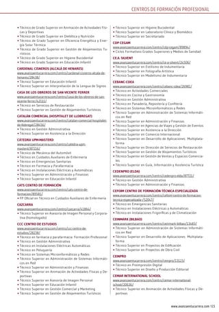 123www.avanzaentucarrera.com
•	Técnico de Grado Superior en Animación de Actividades Físi-
cas y Deportivas
•	Técnico de Grado Superior en Dietética y Nutrición
•	Técnico de Grado Superior en Eficiencia Energética y Ener-
gía Solar Térmica
•	Técnico de Grado Superior en Gestión de Alojamientos Tu-
rísticos
•	Técnico de Grado Superior en Higiene Bucodental
•	Técnico en Grado Superior en Educación Infantil
cArDEnAl cisnEros (AlcAlÁ DE HEnArEs)
www.avanzaentucarrera.com/centro/cardenal-cisneros-alcala-de-
henares/28438/
•	Técnico Superior en Educación Infantil
•	Técnico Superior en Interpretación de la Lengua de Signos
cAsA DE los obrEros DE sAn VicEnTE FErrEr
www.avanzaentucarrera.com/centro/casa-de-los-obreros-de-san-
vicente-ferrer/42111/
•	Técnico en Servicios de Restauración
•	Técnico Superior en Gestión de Alojamientos Turísticos
cATAlÁn comErciAl (HosPiTAlET DE llobrEGAT)
www.avanzaentucarrera.com/centro/catalan-comercial-hospitalet-
de-llobregat/28456/
•	Técnico en Gestión Administrativa
•	Técnico Superior en Asistencia a la Dirección
cÁTEDrA uPm-mAsTErD
www.avanzaentucarrera.com/centro/catedra-upm-
masterd/87216/
•	Técnico de Mecánica del Automóvil
•	Técnico en Cuidados Auxiliares de Enfermería
•	Técnico en Emergencias Sanitarias
•	Técnico en Farmacia y Parafarmacia
•	Técnico en Instalaciones Eléctricas y Automáticas
•	Técnico Superior en Administración y Finanzas
•	Técnico Superior en Educación Infantil
cATs cEnTro DE FormAción
www.avanzaentucarrera.com/centro/cats-centro-de-
formacion/89581/
•	FP Oficial en Técnico en Cuidados Auxiliares de Enfermería
cAzcArrA
www.avanzaentucarrera.com/centro/cazcarra/41864/
•	Técnico Superior en Asesoría de Imagen Personal y Corpora-
tiva (homologado)
ccc cEnTro DE EsTuDios
www.avanzaentucarrera.com/centro/ccc-centro-de-
estudios/28238/
•	Técnico en farmacia y parafarmacia. Formación Profesional
•	Técnico en Gestión Administrativa
•	Técnico en Instalaciones Eléctricas Automáticas
•	Técnico en Peluquería
•	Técnico en Sistemas Microinformáticos y Redes
•	Técnico Superior en Administración de Sistemas Informáti-
cos en Red
•	Técnico Superior en Administración y Finanzas
•	Técnico Superior en Animación de Actividades Físicas y De-
portivas
•	Técnico Superior en Asesoría de Imagen Personal
•	Técnico Superior en Educación Infantil
•	Técnico Superior en Gestión Comercial y Marketing
•	Técnico Superior en Gestión de Alojamientos Turísticos
•	Técnico Superior en Higiene Bucodental
•	Técnico Superior en Laboratorio Clínico y Biomédico
•	Técnico Superior en Secretariado
cDP cEGAm
www.avanzaentucarrera.com/centro/cdp-cegam/89894/
•	Ciclos Formativos Grados Superiores y Medios de Sanidad
cE.A. silVEnT
www.avanzaentucarrera.com/centro/ce-a-silvent/24506/
•	Técnico Superior en Estilismo de Indumentaria
•	Técnico Superior en Fotografía Artística
•	Técnico Superior en Modelismo de Indumentaria
cEbAnc-cDEA
www.avanzaentucarrera.com/centro/cebanc-cdea/26981/
•	Técnico en Actividades Comerciales
•	Técnico en Cocina y Gastronomía
•	Técnico en Gestión Administrativa
•	Técnico en Panadería, Repostería y Confitería
•	Técnico en Sistemas Microinformáticos y Redes
•	Técnico Superior en Administración de Sistemas Informáti-
cos en Red
•	Técnico Superior en Administración y Finanzas
•	Técnico Superior en Agencias de Viajes y Gestión de Eventos
•	Técnico Superior en Asistencia a la Dirección
•	Técnico Superior en Comercio Internacional
•	Técnico Superior en Desarrollo de Aplicaciones Multiplata-
forma
•	Técnico Superior en Dirección de Servicios de Restauración
•	Técnico Superior en Gestión de Alojamientos Turísticos
•	Técnico Superior en Gestión de Ventas y Espacios Comercia-
les
•	Técnico Superior en Guía, Información y Asistencia Turística
cEDEnPro (ElDA)
www.avanzaentucarrera.com/centro/cedenpro-elda/87721/
•	Técnico en Gestión Administrativa
•	Técnico Superior en Administración y Finanzas
cEFoim cEnTro DE FormAción TécnicA EsPEciAlizADA
www.avanzaentucarrera.com/centro/cefoim-centro-de-formacion-
tecnica-especializada-/52047/
•	Técnico en Emergencias Sanitarias
•	Técnico en Instalaciones Eléctricas y Automáticas
•	Técnico en Instalaciones Frigoríficas y de Climatización
cEinmArk (bilbAo)
www.avanzaentucarrera.com/centro/ceinmark-bilbao/13483/
•	Técnico Superior en Administración de Sistemas Informáti-
cos en Red
•	Técnico Superior en Desarrollo de Aplicaciones Multiplata-
forma
•	Técnico Superior en Proyectos de Edificación
•	Técnico Superior en Proyectos de Obra Civil
cEinPro
www.avanzaentucarrera.com/centro/ceinpro/13123/
•	Técnico en Preimpresión Digital
•	Técnico Superior en Diseño y Producción Editorial
cEmAr inTErnATionAl scHool
www.avanzaentucarrera.com/centro/cemar-international-
school/20636/
•	Técnico Superior en Animación de Actividades Físicas y De-
portivas
CENTROS DE FORMACIÓN PROFESIONAL
 