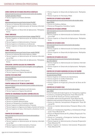 GUÍA DE ESTUDIOS SUPERIORES Y DE POSTGRADO 2016-17124
cEmD cEnTro DE EsTuDios múlTiPlEs DEnTAlEs
www.avanzaentucarrera.com/centro/cemd-centro-de-estudios-
multiples-dentales/76347/
•	Técnico Superior en Prótesis Dentales
cEnEc
www.avanzaentucarrera.com/centro/cenec/14496/
•	Técnico en Sistemas Microinformáticos y Redes
•	Técnico Superior en Administración de Sistemas Informáti-
cos en Red
•	Técnico Superior en Desarrollo de Aplicaciones Multiplata-
forma
cEnEc (mÁlAGA)
www.avanzaentucarrera.com/centro/cenec-malaga/28473/
•	Técnico Superior en Administración de Sistemas Informáti-
cos en Red
•	Técnico Superior en Administración y Finanzas
•	Técnico Superior en Asistencia a la Dirección
•	Técnico Superior en Desarrollo de Aplicaciones Multiplata-
forma
cEnEc (sEVillA)
www.avanzaentucarrera.com/centro/cenec-sevilla/28498/
•	Técnico en Sistemas Microinformáticos y Redes
•	Técnico Superior en Administración de Sistemas Informáti-
cos en Red
•	Técnico Superior en Desarrollo de Aplicaciones Multiplata-
forma
cEnGAFor. cEnTro GAllEGo DE FormAción
www.avanzaentucarrera.com/centro/cengafor-centro-gallego-de-
formacion/89761/
•	Técnico en Farmacia y Parafarmacia
•	Técnico Superior en Higiene Bucodental
cEnTrE D’EsTuDis PrAT
www.avanzaentucarrera.com/centro/centre-d’estudis-
prat/90088/
•	Ciclos Formativos de Grado Superior
cEnTro AnDAluz DE TécnicAs sAniTAriAs
www.avanzaentucarrera.com/centro/centro-andaluz-de-tecnicas-
sanitarias/7936/
•	Técnico en Cuidados Auxiliares de Enfermería
•	Técnico Superior en Higiene Bucodental
cEnTro DE EnsEñAnzA DolorEs soPEñA (oscus)
www.avanzaentucarrera.com/centro/centro-de-ensenanza-dolores-
sopena-oscus/13486/
•	Técnico en Estética y Belleza
•	Técnico en Gestión Administrativa
•	Técnico en Peluquería y Cosmética Capilar
•	Técnico Superior en Administración y Finanzas
•	Técnico Superior en Agencias de Viajes y Gestión de Eventos
•	Técnico Superior en Guía, Información y Asistencia Turísti-
ca
cEnTro DE EsTuDios A.E.G.
www.avanzaentucarrera.com/centro/centro-de-estudios-a-
e-g-/13124/
•	Técnico en Gestión Administrativa
•	Técnico Superior en Administración de Sistemas Informáti-
cos en Red
•	Técnico Superior en Administración y Finanzas
•	Técnico Superior en Comercio Internacional
•	Técnico Superior en Desarrollo de Aplicaciones Multiplata-
forma
•	Técnico Superior en Patronaje y Moda
cEnTro DE EsTuDios AliciA brAVo
www.avanzaentucarrera.com/centro/centro-de-estudios-alicia-
bravo/7830/
•	Técnico en Estética y Belleza
•	Técnico en Peluquería y Cosmética Capilar
cEnTro DE EsTuDios APPEnD
www.avanzaentucarrera.com/centro/centro-de-estudios-
append/42113/
•	Técnico Superior en Administración de Sistemas Informáti-
cos en Red
•	Técnico Superior en Desarrollo de Aplicaciones Multiplata-
forma
cEnTro DE EsTuDios AsEs
www.avanzaentucarrera.com/centro/centro-de-estudios-
ases/42599/
•	Técnico Superior en Administración de Sistemas Informáti-
cos en Red
•	Técnico Superior en Desarrollo de Aplicaciones Multiplata-
forma
cEnTro DE EsTuDios AyA 2013
www.avanzaentucarrera.com/centro/centro-de-estudios-
aya-2013/28125/
•	Técnico Superior en Administración de Sistemas Informáti-
cos en Red
•	Técnico Superior en Desarrollo de Aplicaciones Multiplata-
forma
cEnTro DE EsTuDios bArrEirA-EscuElA DE DisEño
www.avanzaentucarrera.com/centro/centro-de-estudios-barreira-
escuela-de-diseno/7628/
•	Técnico Superior en Estilismo de Indumentaria
•	Técnico Superior en Gráfica Publicitaria
•	Técnico Superior en Mobiliario
•	Técnico Superior en Proyección y Dirección de Obras de De-
coración
cEnTro DE EsTuDios cEAc
www.avanzaentucarrera.com/centro/centro-de-estudios-
ceac/2906/
•	Ciclo Formativo de Grado Superior en Transporte y Logística
•	Comercio y marketing (Preparación Título Oficial de FP)
•	Curso de FP de Técnico en Cocina y Gastronomía
•	Instalador electricista (Preparación Título Oficial de FP)
•	Mecánica del automóvil (Preparación Título Oficial de FP)
•	Técnico en Atención Sociosanitaria (Preparación Título Ofi-
cial de FP)
•	Técnico en Gestión Administrativa (Titulación Oficial a Dis-
tancia)
•	Técnico en Instalaciones frigoríficas y Climatización (Prepa-
ración Título Oficial de FP)
•	Técnico en Mantenimiento de PCs y Redes (Preparación Títu-
lo Oficial de FP)
•	Técnico en Transporte y Emergencias Sanitarias (Prepara-
ción Título Oficial de FP)
•	Técnico Superior en Administración y Finanzas (Preparación
Título Oficial de FP)
•	Técnico Superior en Comercio Internacional (Preparación
Título Oficial de FP)
CENTROS DE FORMACIÓN PROFESIONAL
 