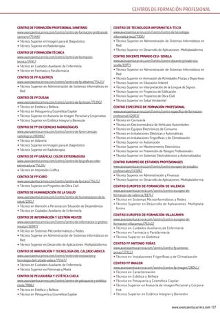 127www.avanzaentucarrera.com
cEnTro DE FormAción ProFEsionAl sAniTArio
www.avanzaentucarrera.com/centro/centro-de-formacion-profesional-
sanitario/75568/
•	Técnico Superior en Imagen para el Diagnóstico
•	Técnico Superior en Radioterapia
cEnTro DE FormAción TécnicA
www.avanzaentucarrera.com/centro/centro-de-formacion-
tecnica/7691/
•	Técnico en Cuidados Auxiliares de Enfermería
•	Técnico en Farmacia y Parafarmacia
cEnTro DE FP AlbATros
www.avanzaentucarrera.com/centro/centro-de-fp-albatros/75421/
•	Técnico Superior en Administración de Sistemas Informáticos en
Red
cEnTro DE FP DusAn
www.avanzaentucarrera.com/centro/centro-de-fp-dusan/75390/
•	Técnico en Estética y Belleza
•	Técnico en Peluquería y Cosmética Capilar
•	Técnico Superior en Asesoría de Imagen Personal y Corporativa
•	Técnico Superior en Estética Integral y Bienestar
cEnTro DE FP En ciEnciAs rADiolóGicAs
www.avanzaentucarrera.com/centro/centro-de-fp-en-ciencias-
radiologicas/86886/
•	Técnico en Alfarería
•	Técnico Superior en Imagen para el Diagnóstico
•	Técnico Superior en Radioterapia
cEnTro DE FP GrÁFicAs color ExTrEmADurA
www.avanzaentucarrera.com/centro/centro-de-fp-graficas-color-
extremadura/75420/
•	Técnico en Impresión Gráfica
cEnTro DE FP ícAro
www.avanzaentucarrera.com/centro/centro-de-fp-ícaro/75423/
•	Técnico Superior en Proyectos de Obra Civil
cEnTro DE HumAnizAción DE lA sAluD
www.avanzaentucarrera.com/centro/centro-de-humanizacion-de-la-
salud/2261/
•	Técnico en Atención a Personas en Situación de Dependencia
•	Técnico en Cuidados Auxiliares de Enfermería
cEnTro DE inFormAción y GEsTión mEATzE
www.avanzaentucarrera.com/centro/centro-de-informacion-y-gestion-
meatze/26997/
•	Técnico en Sistemas Microinformáticos y Redes
•	Técnico Superior en Administración de Sistemas Informáticos en
Red
•	Técnico Superior en Desarrollo de Aplicaciones Multiplataforma
cEnTro DE innoVAción y TEcnoloGíA DEl cAlzADo AiDEcA
www.avanzaentucarrera.com/centro/centro-de-innovacion-y-
tecnologia-del-calzado-aideca/75567/
•	Técnico en Cuidados Auxiliares de Enfermería
•	Técnico Superior en Patronaje y Moda
cEnTro DE PEluquEríA y EsTéTicA cHElA
www.avanzaentucarrera.com/centro/centro-de-peluqueria-y-estetica-
chela/7886/
•	Técnico en Estética y Belleza
•	Técnico en Peluquería y Cosmética Capilar
cEnTro DE TEcnoloGíA inFormÁTicA TEcsi
www.avanzaentucarrera.com/centro/centro-de-tecnologia-
informatica-tecsi/7300/
•	Técnico Superior en Administración de Sistemas Informáticos en
Red
•	Técnico Superior en Desarrollo de Aplicaciones Multiplataforma
cEnTro DocEnTE PriVADo cEu- sEVillA
www.avanzaentucarrera.com/centro/centro-docente-privado-ceu-
sevilla/6977/
•	Técnico Superior en Administración de Sistemas Informáticos en
Red
•	Técnico Superior en Animación de Actividades Físicas y Deportivas
•	Técnico Superior en Educación Infantil
•	Técnico Superior en Interpretación de la Lengua de Signos
•	Técnico Superior en Proyectos de Edificación
•	Técnico Superior en Proyectos de Obra Civil
•	Técnico Superior en Salud Ambiental
cEnTro EsPEcíFico DE FormAción ProFEsionAl
www.avanzaentucarrera.com/centro/centro-especifico-de-formacion-
profesional/42003/
•	Técnico en Carrocería
•	Técnico en Electromecánica de Vehículos Automóviles
•	Técnico en Equipos Electrónicos de Consumo
•	Técnico en Instalaciones Eléctricas y Automáticas
•	Técnico en Instalaciones Frigoríficas y de Climatización
•	Técnico Superior en Automoción
•	Técnico Superior en Mantenimiento Electrónico
•	Técnico Superior en Prevención de Riesgos Profesionales
•	Técnico Superior en Sistemas Electrotécnicos y Automatizados
cEnTro EuroPEo DE EsTuDios ProFEsionAlEs
www.avanzaentucarrera.com/centro/centro-europeo-de-estudios-
profesionales/14506/
•	Técnico Superior en Administración y Finanzas
•	Técnico Superior en Desarrollo de Aplicaciones Multiplataforma
cEnTro EuroPEo DE FormAción DE VAlEnciA
www.avanzaentucarrera.com/centro/centro-europeo-de-
formacion-de-valencia/8174/
•	Técnico en Sistemas Microinformáticos y Redes
•	Técnico Superior en Desarrollo de Aplicaciones Multiplata-
forma
cEnTro EuroPEo DE FormAción VillAcAmPA
www.avanzaentucarrera.com/centro/centro-europeo-de-
formacion-villacampa/76341/
•	Técnico en Cuidados Auxiliares de Enfermería
•	Técnico en Farmacia y Parafarmacia
•	Técnico Superior en Dietética
cEnTro FP AnTonio PEñAs
www.avanzaentucarrera.com/centro/centro-fp-antonio-
penas/37312/
•	Técnico en Instalaciones Frigoríficas y de Climatización
cEnTro FP imAGEn
www.avanzaentucarrera.com/centro/centro-fp-imagen/28041/
•	Técnico en Caracterización
•	Técnico en Estética y Belleza
•	Técnico en Peluquería y Cosmética Capilar
•	Técnico Superior en Asesoría de Imagen Personal y Corpora-
tiva
•	Técnico Superior en Estética Integral y Bienestar
CENTROS DE FORMACIÓN PROFESIONAL
 