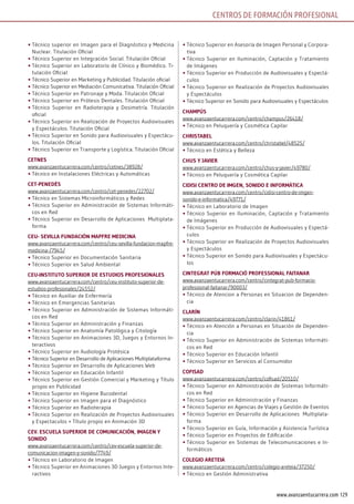 129www.avanzaentucarrera.com
•	Técnico superior en Imagen para el Diagnóstico y Medicina
Nuclear. Titulación Oficial
•	Técnico Superior en Integración Social. Titulación Oficial
•	Técnico Superior en Laboratorio de Clínico y Biomédico. Ti-
tulación Oficial
•	Técnico Superior en Marketing y Publicidad. Titulación oficial
•	Técnico Superior en Mediación Comunicativa. Titulación Oficial
•	Técnico Superior en Patronaje y Moda. Titulación Oficial
•	Técnico Superior en Prótesis Dentales. Titulación Oficial
•	Técnico Superior en Radioterapia y Dosimetría. Titulación
oficial
•	Técnico Superior en Realización de Proyectos Audiovisuales
y Espectáculos. Titulación Oficial
•	Técnico Superior en Sonido para Audiovisuales y Espectácu-
los. Titulación Oficial
•	Técnico Superior en Transporte y Logística. Titulación Oficial
cETnEs
www.avanzaentucarrera.com/centro/cetnes/38928/
•	Técnico en Instalaciones Eléctricas y Automáticas
cET-PEnEDès
www.avanzaentucarrera.com/centro/cet-penedes/22702/
•	Técnico en Sistemas Microinformáticos y Redes
•	Técnico Superior en Administración de Sistemas Informáti-
cos en Red
•	Técnico Superior en Desarrollo de Aplicaciones Multiplata-
forma
cEu- sEVillA FunDAción mAPFrE mEDicinA
www.avanzaentucarrera.com/centro/ceu-sevilla-fundacion-mapfre-
medicina-/7945/
•	Técnico Superior en Documentación Sanitaria
•	Técnico Superior en Salud Ambiental
cEu-insTiTuTo suPErior DE EsTuDios ProFEsionAlEs
www.avanzaentucarrera.com/centro/ceu-instituto-superior-de-
estudios-profesionales/24552/
•	Técnico en Auxiliar de Enfermería
•	Técnico en Emergencias Sanitarias
•	Técnico Superior en Administración de Sistemas Informáti-
cos en Red
•	Técnico Superior en Administración y Finanzas
•	Técnico Superior en Anatomía Patológica y Citología
•	Técnico Superior en Animaciones 3D, Juegos y Entornos In-
teractivos
•	Técnico Superior en Audiología Protésica
•	Técnico Superior en Desarrollo de Aplicaciones Multiplataforma
•	Técnico Superior en Desarrollo de Aplicaciones Web
•	Técnico Superior en Educación Infantil
•	Técnico Superior en Gestión Comercial y Marketing y Título
propio en Publicidad
•	Técnico Superior en Higiene Bucodental
•	Técnico Superior en Imagen para el Diagnóstico
•	Técnico Superior en Radioterapia
•	Técnico Superior en Realización de Proyectos Audiovisuales
y Espectaculos + Título propio en Animación 3D
cEV. EscuElA suPErior DE comunicAción, imAGEn y
soniDo
www.avanzaentucarrera.com/centro/cev-escuela-superior-de-
comunicacion-imagen-y-sonido/7749/
•	Técnico en Laboratorio de Imagen
•	Técnico Superior en Animaciones 3D Juegos y Entornos Inte-
ractivos
•	Técnico Superior en Asesoría de Imagen Personal y Corpora-
tiva
•	Técnico Superior en Iluminación, Captación y Tratamiento
de Imágenes
•	Técnico Superior en Producción de Audiovisuales y Espectá-
culos
•	Técnico Superior en Realización de Proyectos Audiovisuales
y Espectáculos
•	Técnico Superior en Sonido para Audiovisuales y Espectáculos
cHAmPús
www.avanzaentucarrera.com/centro/champus/26418/
•	Técnico en Peluquería y Cosmética Capilar
cHrisTAbEl
www.avanzaentucarrera.com/centro/christabel/48525/
•	Técnico en Estética y Belleza
cHus y jAViEr
www.avanzaentucarrera.com/centro/chus-y-javier/49780/
•	Técnico en Peluquería y Cosmética Capilar
ciDisi cEnTro DE imGEn, soniDo E inFormÁTicA
www.avanzaentucarrera.com/centro/cidisi-centro-de-imgen-
sonido-e-informatica/49771/
•	Técnico en Laboratorio de Imagen
•	Técnico Superior en Iluminación, Captación y Tratamiento
de Imágenes
•	Técnico Superior en Producción de Audiovisuales y Espectá-
culos
•	Técnico Superior en Realización de Proyectos Audiovisuales
y Espectáculos
•	Técnico Superior en Sonido para Audiovisuales y Espectácu-
los
cinTEGrAT Púb FormAció ProFEssionAl FAiTAnAr
www.avanzaentucarrera.com/centro/cintegrat-pub-formacio-
professional-faitanar/90003/
•	Técnico de Atencion a Personas en Situacion de Dependen-
cia
clArín
www.avanzaentucarrera.com/centro/clarin/41861/
•	Técnico en Atención a Personas en Situación de Dependen-
cia
•	Técnico Superior en Administración de Sistemas Informáti-
cos en Red
•	Técnico Superior en Educación Infantil
•	Técnico Superior en Servicios al Consumidor
coFisAD
www.avanzaentucarrera.com/centro/cofisad/20510/
•	Técnico Superior en Administración de Sistemas Informáti-
cos en Red
•	Técnico Superior en Administración y Finanzas
•	Técnico Superior en Agencias de Viajes y Gestión de Eventos
•	Técnico Superior en Desarrollo de Aplicaciones Multiplata-
forma
•	Técnico Superior en Guía, Información y Asistencia Turística
•	Técnico Superior en Proyectos de Edificación
•	Técnico Superior en Sistemas de Telecomunicaciones e In-
formáticos
colEGio ArETEiA
www.avanzaentucarrera.com/centro/colegio-areteia/37250/
•	Técnico en Gestión Administrativa
CENTROS DE FORMACIÓN PROFESIONAL
 