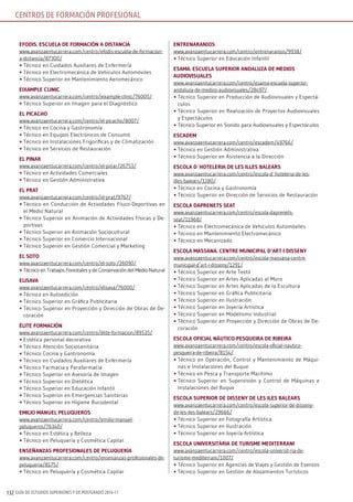 GUÍA DE ESTUDIOS SUPERIORES Y DE POSTGRADO 2016-17132
EFoDis. EscuElA DE FormAción A DisTAnciA
www.avanzaentucarrera.com/centro/efodis-escuela-de-formacion-
a-distancia/87300/
•	Técnico en Cuidados Auxiliares de Enfermería
•	Técnico en Electromecánica de Vehículos Automóviles
•	Técnico Superior en Mantenimiento Aeromecánico
EixAmPlE clinic
www.avanzaentucarrera.com/centro/eixample-clinic/76005/
•	Técnico Superior en Imagen para el Diagnóstico
El PicAcHo
www.avanzaentucarrera.com/centro/el-picacho/8007/
•	Técnico en Cocina y Gastronomía
•	Técnico en Equipos Electrónicos de Consumo
•	Técnico en Instalaciones Frigoríficas y de Climatización
•	Técnico en Servicios de Restauración
El PinAr
www.avanzaentucarrera.com/centro/el-pinar/26753/
•	Técnico en Actividades Comerciales
•	Técnico en Gestión Administrativa
El PrAT
www.avanzaentucarrera.com/centro/el-prat/9767/
•	Técnico en Conducción de Actividades Físico-Deportivas en
el Medio Natural
•	Técnico Superior en Animación de Actividades Físicas y De-
portivas
•	Técnico Superior en Animación Sociocultural
•	Técnico Superior en Comercio Internacional
•	Técnico Superior en Gestión Comercial y Marketing
El soTo
www.avanzaentucarrera.com/centro/el-soto-/26090/
•	Técnico en Trabajos Forestales y de Conservación del Medio Natural
ElisAVA
www.avanzaentucarrera.com/centro/elisava/76000/
•	Técnico en Autoedición
•	Técnico Superior en Gráfica Publicitaria
•	Técnico Superior en Proyección y Dirección de Obras de De-
coración
éliTE FormAción
www.avanzaentucarrera.com/centro/élite-formacion/89535/
•	Estética personal decorativa
•	Técnico Atención Sociosanitaria
•	Técnico Cocina y Gastronomía
•	Técnico en Cuidados Auxiliares de Enfermería
•	Técnico Farmacia y Parafarmacia
•	Técnico Superior en Asesoría de Imagen
•	Técnico Superior en Dietética
•	Técnico Superior en Educación Infantil
•	Técnico Superior en Emergencias Sanitarias
•	Técnico Superior en Higiene Bucodental
Emilio mAnuEl PEluquEros
www.avanzaentucarrera.com/centro/emilio-manuel-
peluqueros/76340/
•	Técnico en Estética y Belleza
•	Técnico en Peluquería y Cosmética Capilar
EnsEñAnzAs ProFEsionAlEs DE PEluquEríA
www.avanzaentucarrera.com/centro/ensenanzas-profesionales-de-
peluqueria/8175/
•	Técnico en Peluquería y Cosmética Capilar
EnTrEnArAnjos
www.avanzaentucarrera.com/centro/entrenaranjos/9938/
•	Técnico Superior en Educación Infantil
EsAmA. EscuElA suPErior AnDAluzA DE mEDios
AuDioVisuAlEs
www.avanzaentucarrera.com/centro/esama-escuela-superior-
andaluza-de-medios-audiovisuales/28497/
•	Técnico Superior en Producción de Audiovisuales y Espectá-
culos
•	Técnico Superior en Realización de Proyectos Audiovisuales
y Espectáculos
•	Técnico Superior en Sonido para Audiovisuales y Espectáculos
EscADEm
www.avanzaentucarrera.com/centro/escadem/49766/
•	Técnico en Gestión Administrativa
•	Técnico Superior en Asistencia a la Dirección
EscolA D´HoTElEriA DE lEs illEs bAlEArs
www.avanzaentucarrera.com/centro/escola-d´hoteleria-de-les-
illes-balears/1280/
•	Técnico en Cocina y Gastronomía
•	Técnico Superior en Dirección de Servicios de Restauración
EscolA DAPrEnETs sEAT
www.avanzaentucarrera.com/centro/escola-daprenets-
seat/11968/
•	Técnico en Electromecánica de Vehículos Automóviles
•	Técnico en Mantenimiento Electromecánico
•	Técnico en Mecanizado
EscolA mAssAnA. cEnTrE municiPAl D’ArT i DissEny
www.avanzaentucarrera.com/centro/escola-massana-centre-
municipal-d’art-i-disseny/1291/
•	Técnico Superior en Arte Textil
•	Técnico Superior en Artes Aplicadas al Muro
•	Técnico Superior en Artes Aplicadas de la Escultura
•	Técnico Superior en Gráfica Publicitaria
•	Técnico Superior en Ilustración
•	Técnico Superior en Joyería Artística
•	Técnico Superior en Modelismo Industrial
•	Técnico Superior en Proyección y Dirección de Obras de De-
coración
EscolA oFiciAl nÁuTico-PEsquEirA DE ribEirA
www.avanzaentucarrera.com/centro/escola-oficial-nautico-
pesqueira-de-ribeira/8154/
•	Técnico en Operación, Control y Mantenimiento de Máqui-
nas e Instalaciones del Buque
•	Técnico en Pesca y Transporte Marítimo
•	Técnico Superior en Supervisión y Control de Máquinas e
Instalaciones del Buque
EscolA suPErior DE DissEny DE lEs ilEs bAlEArs
www.avanzaentucarrera.com/centro/escola-superior-de-disseny-
de-les-iles-balears/29666/
•	Técnico Superior en Fotografía Artística
•	Técnico Superior en Ilustración
•	Técnico Superior en Joyería Artística
EscolA uniVErsiTàriA DE TurismE mEDiTErrAni
www.avanzaentucarrera.com/centro/escola-universit-ria-de-
turisme-mediterrani/1007/
•	Técnico Superior en Agencias de Viajes y Gestión de Eventos
•	Técnico Superior en Gestión de Alojamientos Turísticos
CENTROS DE FORMACIÓN PROFESIONAL
 