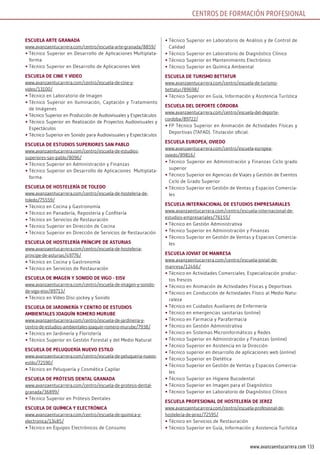 133www.avanzaentucarrera.com
EscuElA ArTE GrAnADA
www.avanzaentucarrera.com/centro/escuela-arte-granada/8859/
•	Técnico Superior en Desarrollo de Aplicaciones Multiplata-
forma
•	Técnico Superior en Desarrollo de Aplicaciones Web
EscuElA DE cinE y ViDEo
www.avanzaentucarrera.com/centro/escuela-de-cine-y-
video/13100/
•	Técnico en Laboratorio de Imagen
•	Técnico Superior en Iluminación, Captación y Tratamiento
de Imágenes
•	Técnico Superior en Producción de Audiovisuales y Espectáculos
•	Técnico Superior en Realización de Proyectos Audiovisuales y
Espectáculos
•	Técnico Superior en Sonido para Audiovisuales y Espectáculos
EscuElA DE EsTuDios suPEriorEs sAn PAblo
www.avanzaentucarrera.com/centro/escuela-de-estudios-
superiores-san-pablo/8096/
•	Técnico Superior en Administración y Finanzas
•	Técnico Superior en Desarrollo de Aplicaciones Multiplata-
forma
EscuElA DE HosTElEríA DE TolEDo
www.avanzaentucarrera.com/centro/escuela-de-hosteleria-de-
toledo/75559/
•	Técnico en Cocina y Gastronomía
•	Técnico en Panadería, Repostería y Confitería
•	Técnico en Servicios de Restauración
•	Técnico Superior en Dirección de Cocina
•	Técnico Superior en Dirección de Servicios de Restauración
EscuElA DE HosTElEríA PrínciPE DE AsTuriAs
www.avanzaentucarrera.com/centro/escuela-de-hosteleria-
principe-de-asturias/49776/
•	Técnico en Cocina y Gastronomía
•	Técnico en Servicios de Restauración
EscuElA DE imAGEn y soniDo DE ViGo - EisV
www.avanzaentucarrera.com/centro/escuela-de-imagen-y-sonido-
de-vigo-eisv/89713/
•	Técnico en Vídeo Disc-jockey y Sonido
EscuElA DE jArDinEríA y cEnTro DE EsTuDios
AmbiEnTAlEs joAquín romEro murubE
www.avanzaentucarrera.com/centro/escuela-de-jardineria-y-
centro-de-estudios-ambientales-joaquin-romero-murube/7938/
•	Técnico en Jardinería y Floristería
•	Técnico Superior en Gestión Forestal y del Medio Natural
EscuElA DE PEluquEríA nuEVo EsTilo
www.avanzaentucarrera.com/centro/escuela-de-peluqueria-nuevo-
estilo/72590/
•	Técnico en Peluquería y Cosmética Capilar
EscuElA DE PróTEsis DEnTAl GrAnADA
www.avanzaentucarrera.com/centro/escuela-de-protesis-dental-
granada/36899/
•	Técnico Superior en Prótesis Dentales
EscuElA DE químicA y ElEcTrónicA
www.avanzaentucarrera.com/centro/escuela-de-quimica-y-
electronica/13485/
•	Técnico en Equipos Electrónicos de Consumo
•	Técnico Superior en Laboratorio de Análisis y de Control de
Calidad
•	Técnico Superior en Laboratorio de Diagnóstico Clínico
•	Técnico Superior en Mantenimiento Electrónico
•	Técnico Superior en Química Ambiental
EscuElA DE Turismo bETTATur
www.avanzaentucarrera.com/centro/escuela-de-turismo-
bettatur/89698/
•	Técnico Superior en Guía, Información y Asistencia Turística
EscuElA DEl DEPorTE córDobA
www.avanzaentucarrera.com/centro/escuela-del-deporte-
cordoba/89722/
•	FP Técnico Superior en Animación de Actividades Físicas y
Deportivas (TAFAD). Titulación oficial.
EscuElA EuroPEA, oViEDo
www.avanzaentucarrera.com/centro/escuela-europea-
oviedo/89816/
•	Técnico Superior en Administración y Finanzas Ciclo grado
superior
•	Técnico Superior en Agencias de Viajes y Gestión de Eventos
Ciclo de Grado Superior
•	Técnico Superior en Gestión de Ventas y Espacios Comercia-
les
EscuElA inTErnAcionAl DE EsTuDios EmPrEsAriAlEs
www.avanzaentucarrera.com/centro/escuela-internacional-de-
estudios-empresariales/76155/
•	Técnico en Gestión Administrativa
•	Técnico Superior en Administración y Finanzas
•	Técnico Superior en Gestión de Ventas y Espacios Comercia-
les
EscuElA joViAT DE mAnrEsA
www.avanzaentucarrera.com/centro/escuela-joviat-de-
manresa/12466/
•	Técnico en Actividades Comerciales. Especialización produc-
tos frescos
•	Técnico en Animación de Actividades Físicas y Deportivas
•	Técnico en Conducción de Actividades Físico al Medio Natu-
raleza
•	Técnico en Cuidados Auxiliares de Enfermería
•	Técnico en emergencias sanitarias (online)
•	Técnico en Farmacia y Parafarmacia
•	Técnico en Gestión Administrativa
•	Técnico en Sistemas Microinformáticos y Redes
•	Técnico Superior en Administración y Finanzas (online)
•	Técnico Superior en Asistencia en la Dirección
•	Técnico superior en desarrollo de aplicaciones web (online)
•	Técnico Superior en Dietética
•	Técnico Superior en Gestión de Ventas y Espacios Comercia-
les
•	Técnico Superior en Higiene Bucodental
•	Técnico Superior en Imagen para el Diagnóstico
•	Técnico Superior en Laboratorio de Diagnóstico Clínico
EscuElA ProFEsionAl DE HosTElEríA DE jErEz
www.avanzaentucarrera.com/centro/escuela-profesional-de-
hosteleria-de-jerez/72595/
•	Técnico en Servicios de Restauración
•	Técnico Superior en Guía, Información y Asistencia Turística
CENTROS DE FORMACIÓN PROFESIONAL
 