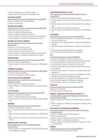139www.avanzaentucarrera.com
•	Técnico en Peluquería y Cosmética Capilar
•	Técnico Superior en Estética Integral y Bienestar
Guill-mon lEVAnTE
www.avanzaentucarrera.com/centro/guill-mon-levante/26409/
•	Técnico en Estética Personal Decorativa
•	Técnico en Peluquería
HEcAnsA sTA. bríGiDA
www.avanzaentucarrera.com/centro/hecansa-sta-brigida/1385/
•	Técnico en Cocina y Gastronomía
•	Técnico en Servicios de Restauración
•	Técnico Superior en Dirección de Cocina
•	Técnico Superior en Dirección de Servicios de Restauración
•	Técnico Superior en Gestión de Alojamientos Turísticos
HEcAnsA sTA. cruz DE TEnEriFE
www.avanzaentucarrera.com/centro/hecansa-sta-cruz-de-
tenerife/1384/
•	Técnico en Cocina y Gastronomía
•	Técnico en Servicios de Restauración
•	Técnico Superior en Dirección de Cocina
•	Técnico Superior en Dirección de Servicios de Restauración
•	Técnico Superior en Gestión de Alojamientos Turísticos
HEmEroscoPEA
www.avanzaentucarrera.com/centro/hemeroscopea/74930/
•	Técnico en Gestión Administrativa
•	Técnico Superior en Desarrollo de Aplicaciones Multiplatafor-
ma
HErmAnos lArrinAGA
www.avanzaentucarrera.com/centro/hermanos-larrinaga/13491/
•	Técnico en Estética y Belleza
•	Técnico en Peluquería y Cosmética Capilar
i.A.D.E. EscuElA DE DEcorADorEs
www.avanzaentucarrera.com/centro/i-a-d-e-escuela-de-
decoradores/50283/
•	Técnico Superior en Arquitectura Efímera
•	Técnico Superior en Proyección y Dirección de Obras de Deco-
ración
i.E.s. rEy PElAyo
www.avanzaentucarrera.com/centro/i-e-s-rey-pelayo/14607/
•	Técnico en Gestión Administrativa
•	Técnico en Mantenimiento Electromecánico
•	Técnico Superior en Animación de Actividades Físicas y Depor-
tivas
ibAionDo
www.avanzaentucarrera.com/centro/ibaiondo/13546/
•	Técnico en Gestión Administrativa•	
Técnico Superior en Administración de Sistemas Informáticos en
Red
•	Técnico Superior en Desarrollo de Aplicaciones Multiplatafor-
ma
•	Técnico Superior en Sistemas de Telecomunicaciones e Infor-
máticos
ibAizAbAl kooP. E. ikAsTolA
www.avanzaentucarrera.com/centro/ibaizabal-koop-e-
ikastola/20571/
•	Técnico Superior en Programación de la Producción por Mol-
deo de Metales y Polímeros
ibAr EzkErrA ikAsTolA s. cooP.
www.avanzaentucarrera.com/centro/ibar-ezkerra-ikastola-s-
coop-/28519/
•	Técnico en Sistemas Microinformáticos y Redes
•	Técnico Superior en Administración de Sistemas Informáticos
en Red
•	Técnico Superior en Animación de Actividades Físicas y Depor-
tivas
•	Técnico Superior en Comercio Internacional
•	Técnico Superior en Desarrollo de Aplicaciones Multiplatafor-
ma
iED mADriD
www.avanzaentucarrera.com/centro/ied-madrid/1216/
•	Ciclo Formativo de Grado Superior en Animaciones 3D, Juegos
y Entornos Interactivos
•	Ciclo Formativo de Grado Superior en Desarrollo de Aplicacio-
nes Web
•	Ciclo Formativo de Grado Superior en Diseño y Amueblamien-
to
•	Ciclo Formativo de Grado Superior en Fotografía
•	Ciclo Formativo de Grado Superior en Ilustración
iFP
www.avanzaentucarrera.com/centro/ifp/89887/
•	Ciclo de Grado Medio en Auxiliar de Enfermería
•	Ciclo de Grado Medio en Sistemas Microinformáticos y Redes
•	Ciclo de Grado Superior en Administración y Finanzas
•	Ciclo de Grado Superior en Comercio Internacional
•	Ciclo de Grado Superior en Comercio Internacional y Transpor-
te y Logística
•	Ciclo de Grado Superior en Desarrollo de Aplicaciones Multi-
plataforma
•	Ciclo de Grado Superior en Desarrollo de Aplicaciones Multi-
plataforma y Desarrollo de Aplicaciones Web
•	Ciclo de Grado Superior en Desarrollo de Aplicaciones Web
•	Ciclo de Grado Superior en Marketing y Publicidad
•	Ciclo de Grado Superior en Transporte y Logística
ikAsAuTo
www.avanzaentucarrera.com/centro/ikasauto/37405/
•	Técnico en Carrocería
•	Técnico Superior en Automoción
imAGEn y soniDo DEl insT. oFiciAl DE rADio y TV
www.avanzaentucarrera.com/centro/imagen-y-sonido-del-inst-
oficial-de-radio-y-tv/7790/
•	Técnico Superior en Producción de Audiovisuales y Espectácu-
los
•	Técnico Superior en Realización de Proyectos Audiovisuales y
Espectáculos
imH. insTiTuTo DE mÁquinA HErrAmiEnTA
www.avanzaentucarrera.com/centro/imh-instituto-de-maquina-
herramienta/1205/
•	Técnico en Mantenimiento Electromecánico
•	Técnico en Mecanizado
•	Técnico Superior en Diseño de Fabricación Mecánica
•	Técnico Superior en Mecatrónica Industrial
•	Técnico Superior en Programación de la Producción en Fabri-
cación Mecánica
imPlikA
www.avanzaentucarrera.com/centro/implika/87034/
•	FP Técnico en Administración y Finanzas
CENTROS DE FORMACIÓN PROFESIONAL
 
