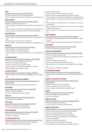 GUÍA DE ESTUDIOS SUPERIORES Y DE POSTGRADO 2016-17142
CENTROS DE FORMACIÓN PROFESIONAL
joyFE
www.avanzaentucarrera.com/centro/joyfe/14239/
•	Técnico en Sistemas Microinformáticos y Redes
•	Técnico Superior en Desarrollo de Aplicaciones Multiplataforma
kEoPs-kEFrEn i
www.avanzaentucarrera.com/centro/keops-kefren-i/26732/
•	Técnico en Gestión Administrativa
•	Técnico Superior en Administración de Sistemas Informáticos en
Red
•	Técnico Superior en Desarrollo de Aplicaciones Multiplataforma
•	Técnico Superior en Guía, Información y Asistencia Turística
kEoPs-kEFrEn ii
www.avanzaentucarrera.com/centro/keops-kefren-ii/28478/
•	Técnico Superior en Administración de Sistemas Informáticos en
Red
•	Técnico Superior en Asistencia a la Dirección
•	Técnico Superior en Desarrollo de Aplicaciones Multiplataforma
kunsTHAl
www.avanzaentucarrera.com/centro/kunsthal/50282/
•	Técnico Superior en Elementos de Jardín
•	Técnico Superior en Gráfica Publicitaria
•	Técnico Superior en Proyección y Dirección de Obras de Decora-
ción
lA blAncA PAlomA
www.avanzaentucarrera.com/centro/la-blanca-paloma/19987/
•	Técnico en Cuidados Auxiliares de Enfermería
•	Técnico en Farmacia y Parafarmacia
•	Técnico en Peluquería y Cosmética Capilar
•	Técnico Superior en Animación Sociocultural y Turística
•	Técnico Superior en Integración Social
lA DEVEsA (cArlET)
www.avanzaentucarrera.com/centro/la-devesa-carlet/9749/
•	Técnico Superior en Animación de Actividades Físicas y Deporti-
vas
lA sElVA (sAnTA colomA DE FArnErs)
www.avanzaentucarrera.com/centro/la-selva-santa-coloma-de-
farners/28463/
•	Técnico en Electromecánica de Vehículos Automóviles
lA ToscAnA
www.avanzaentucarrera.com/centro/la-toscana/74683/
•	Técnico en Estética y Belleza
•	Técnico en Peluquería y Cosmética Capilar
lADy cAr
www.avanzaentucarrera.com/centro/lady-car/75214/
•	Técnico en Estética y Belleza
lADy ElEnA
www.avanzaentucarrera.com/centro/lady-elena/27862/
•	Técnico en Estética Personal Decorativa
•	Técnico en Peluquería y Cosmética Capilar
lAsVi (bEniDorm)
www.avanzaentucarrera.com/centro/lasvi-benidorm/25142/
•	Técnico en Estética Personal Decorativa
•	Técnico en Peluquería
lEA-ArTibAi ikAsTETxEA
www.avanzaentucarrera.com/centro/lea-artibai-ikastetxea/13569/
•	Técnico en Instalaciones Frigoríficas y de Climatización
•	Técnico en Mantenimiento Electromecánico
•	Técnico en Mecanizado
•	Técnico Superior en Administración y Finanzas
•	Técnico Superior en Automatización y Robótica Industrial
•	Técnico Superior en Desarrollo de Aplicaciones Multiplataforma
•	Técnico Superior en Procesos y Calidad en la Industria Alimenta-
ria
•	Técnico Superior en Programación de la Producción en Fabrica-
ción Mecánica
•	Técnico Superior en Programación de la Producción por Moldeo
de Metales y Polímeros
•	Técnico Superior en Sistemas de Telecomunicaciones e Informá-
ticos
link FormAción
www.avanzaentucarrera.com/centro/link-formacion/89904/
•	Ciclo Grado Superior de Educación Infantil - Formación Profesio-
nal Dual
•	Técnico Superior en Desarrolo de Aplicaciones Multiplataforma
liTo-cEnTro
www.avanzaentucarrera.com/centro/lito-centro/72186/
•	Técnico en Peluquería y Cosmética Capilar
loPE DE VEGA (bEniDorm)
www.avanzaentucarrera.com/centro/lope-de-vega-benidorm/9862/
•	Técnico en Cocina y Gastronomía
•	Técnico en Conducción de Actividades Físico-Deportivas en el Me-
dio Natural
•	Técnico en Gestión Administrativa
•	Técnico Superior en Administración y Finanzas
•	Técnico Superior en Animación de Actividades Físicas y Deporti-
vas
•	Técnico Superior en Educación Infantil
los nArAnjos (GAnDíA)
www.avanzaentucarrera.com/centro/los-naranjos-gandia/9757/
•	Técnico Superior en Administración de Sistemas Informáticos en
Red
lumEn 1993 cEnTro DE EsTuDios
www.avanzaentucarrera.com/centro/lumen-1993-centro-de-
estudios/42109/
•	Técnico en Estética Personal Decorativa
•	Técnico en Peluquería y Cosmética Capilar
•	Técnico Superior en Asesoría de Imagen Personal
mAnon
www.avanzaentucarrera.com/centro/manon/8116/
•	Técnico en Estética Personal Decorativa
•	Técnico en Peluquería
mAnuEl FolGADo
www.avanzaentucarrera.com/centro/manuel-folgado/75206/
•	Técnico en Soldadura y Calderería
•	Técnico Superior en Construcciones Metálicas
mAnuEl lorA TAmAyo
www.avanzaentucarrera.com/centro/manuel-lora-tamayo/19827/
•	Técnico en Electromecánica de Vehículos Automóviles
•	Técnico en Equipos Electrónicos de Consumo
•	Técnico en Instalaciones Eléctricas y Automáticas
•	Técnico en Instalaciones Frigoríficas y de Climatización
•	Técnico en Mecanizado
•	Técnico en Soldadura y Calderería
•	Técnico Superior en Asistencia a la Dirección
•	Técnico Superior en Automatización y Robótica Industrial
 