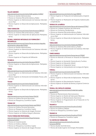 149www.avanzaentucarrera.com
TAllEr GinEbró
www.avanzaentucarrera.com/centro/taller-ginebro-/41862/
•	Técnico en Gestión Administrativa
•	Técnico en Sistemas Microinformáticos y Redes
•	Técnico Superior en Administración de Sistemas Informáti-
cos en Red
•	Técnico Superior en Desarrollo de Aplicaciones Multiplata-
forma
TAmE FormAción
www.avanzaentucarrera.com/centro/tame-formacion/89717/
•	Técnico en Sistemas Microinformaticos y Redes
•	Técnico Superior en Desarrollo de Aplicaciones Multiplata-
forma
TEcnAs, sErVicios inTEGrAlEs DE FormAción y
DEsArrollo
www.avanzaentucarrera.com/centro/tecnas-servicios-integrales-
de-formacion-y-desarrollo/75562/
•	Técnico en Gestión Administrativa
•	Técnico Superior en Administración de Sistemas Informáti-
cos en Red
•	Técnico Superior en Desarrollo de Aplicaciones Multiplata-
forma
•	Técnico Superior en Proyectos de Edificación
TEcniEcA
www.avanzaentucarrera.com/centro/tecnieca/28495/
•	Técnico Superior en Desarrollo de Aplicaciones Multiplata-
forma
TErrA
www.avanzaentucarrera.com/centro/terra/38845/
•	Técnico Superior en Administración de Sistemas Informáti-
cos en Red
•	Técnico Superior en Animación de Actividades Físicas y De-
portivas
TEsDAi
www.avanzaentucarrera.com/centro/tesdai/24510/
•	Técnico Superior en Administración de Sistemas Informáti-
cos en Red
•	Técnico Superior en Desarrollo de Aplicaciones Multiplata-
forma
TEViAn
www.avanzaentucarrera.com/centro/tevian/26429/
•	Técnico en Estética Personal Decorativa
•	Técnico en Peluquería y Cosmética Capilar
TEViAn cEP
www.avanzaentucarrera.com/centro/tevian-cep/20612/
•	Técnico en Estética Personal Decorativa
•	Técnico en Peluquería y Cosmética Capilar
•	Técnico Superior en Asesoría de Imagen Personal
•	Técnico Superior en Estética Integral y Bienestar
THuyA FormAción ProFEsionAl
www.avanzaentucarrera.com/centro/thuya-formacion-
profesional/12267/
•	Técnico en Caracterización
•	Técnico en Estética y Belleza
•	Técnico en Peluquería y Cosmética Capilar
•	Técnico Superior en Asesoría de Imagen Personal
Tic (luGo)
www.avanzaentucarrera.com/centro/tic-lugo/38839/
•	Técnico Superior en Producción de Audiovisuales y Espectá-
culos
•	Técnico Superior en Realización de Proyectos Audiovisuales
y Espectáculos
TiErrAs DE lA bAñEzA
www.avanzaentucarrera.com/centro/tierras-de-la-baneza/27261/
•	Técnico en Cuidados Auxiliares de Enfermería
•	Técnico en Farmacia y Parafarmacia
•	Técnico en Sistemas Microinformáticos y Redes
•	Técnico Superior en Administración de Sistemas Informáti-
cos en Red
•	Técnico Superior en Desarrollo de Aplicaciones Multiplata-
forma
TobAlcAiDE
www.avanzaentucarrera.com/centro/tobalcaide/86844/
•	Técnico en Sistemas Microinformáticos y Redes
•	Técnico Superior en Administración de Sistemas Informáti-
cos en Red
TomÁs bArros
www.avanzaentucarrera.com/centro/tomas-barros/37818/
•	Técnico en Atención a Personas en Situación de Dependen-
cia
•	Técnico Superior en Animación Sociocultural y Turística
•	Técnico Superior en Educación Infantil
•	Técnico Superior en Integración Social
•	Técnico Superior en Interpretación de la Lengua de Signos
TorVAll
www.avanzaentucarrera.com/centro/torvall/7738/
•	Técnico Superior en Administración de Sistemas Informáti-
cos en Red
•	Técnico Superior en Desarrollo de Aplicaciones Multiplata-
forma
•	Técnico Superior en Documentación Sanitaria
•	Técnico Superior en Gestión de Ventas y Espacios Comercia-
les
TrEbAll DEl riPollès (GironA)
www.avanzaentucarrera.com/centro/treball-del-ripolles-
girona/12377/
•	Técnico en Mantenimiento Electromecánico
•	Técnico Superior en Diseño de Fabricación Mecánica
•	Técnico Superior en Mantenimiento Electrónico
•	Técnico Superior en Programación de la Producción en Fa-
bricación Mecánica
TriunFo ii
www.avanzaentucarrera.com/centro/triunfo-ii/14562/
•	Técnico en Estética y Belleza
•	Técnico en Peluquería y Cosmética Capilar
TriunFo iV
www.avanzaentucarrera.com/centro/triunfo-iv/27123/
•	Técnico en Peluquería y Cosmética Capilar
Tu cEnTro DE FormAción
www.avanzaentucarrera.com/centro/tu-centro-de-
formacion/89759/
•	Técnico Auxiliar de Enfermería
•	Técnico de Grado Superior de Energías Renovables
CENTROS DE FORMACIÓN PROFESIONAL
 