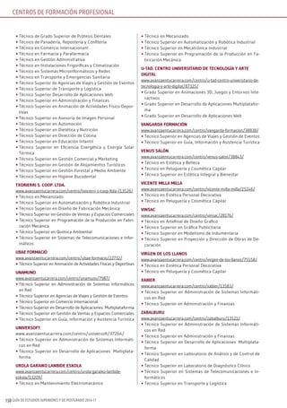 GUÍA DE ESTUDIOS SUPERIORES Y DE POSTGRADO 2016-17150
•	Técnico de Grado Superior de Prótesis Dentales
•	Técnico de Panadería, Repostería y Confitería
•	Técnico en Comercio Internacionanl
•	Técnico en Farmacia y Parafarmacia
•	Técnico en Gestión Administrativa
•	Técnico en Instalaciones Frigoríficas y Climatización
•	Técnico en Sistemas Microinformáticos y Redes
•	Técnico en Transporte y Emergencias Sanitaria
•	Técnico Superior de Agencias de Viajes y Gestión de Eventos
•	Técnico Superior de Transporte y Logística
•	Técnico Superior Desarrollo de Aplicaciones Web
•	Técnico Superior en Administración y Finanzas
•	Técnico Superior en Animación de Actividades Físico-Depor-
tivas
•	Técnico Superior en Asesoría de Imagen Personal
•	Técnico Superior en Automoción
•	Técnico Superior en Dietética y Nutrición
•	Técnico Superior en Dirección de Cocina
•	Técnico Superior en Educación Infantil
•	Técnico Superior en Eficiencia Energética y Energía Solar
Térmica
•	Técnico Superior en Gestión Comercial y Marketing
•	Técnico Superior en Gestión de Alojamientos Turísticos
•	Técnico Superior en Gestión Forestal y Medio Ambiente
•	Técnico Superior en Higiene Bucodental
TxoriErri s. cooP. lTDA.
www.avanzaentucarrera.com/centro/txorierri-s-coop-ltda-/13526/
•	Técnico en Mecanizado
•	Técnico Superior en Automatización y Robótica Industrial
•	Técnico Superior en Diseño de Fabricación Mecánica
•	Técnico Superior en Gestión de Ventas y Espacios Comerciales
•	Técnico Superior en Programación de la Producción en Fabri-
cación Mecánica
•	Técnico Superior en Química Ambiental
•	Técnico Superior en Sistemas de Telecomunicaciones e Infor-
máticos
ubAE FormAció
www.avanzaentucarrera.com/centro/ubae-formacio/22732/
•	Técnico Superior en Animación de Actividades Físicas y Deportivas
unAmuno
www.avanzaentucarrera.com/centro/unamuno/7987/
•	Técnico Superior en Administración de Sistemas Informáticos
en Red
•	Técnico Superior en Agencias de Viajes y Gestión de Eventos
•	Técnico Superior en Comercio Internacional
•	Técnico Superior en Desarrollo de Aplicaciones Multiplataforma
•	Técnico Superior en Gestión de Ventas y Espacios Comerciales
•	Técnico Superior en Guía, Información y Asistencia Turística
uniVErsoFT
www.avanzaentucarrera.com/centro/universoft/37264/
•	Técnico Superior en Administración de Sistemas Informáti-
cos en Red
•	Técnico Superior en Desarrollo de Aplicaciones Multiplata-
forma
urolA GArAiko lAnbiDE EskolA
www.avanzaentucarrera.com/centro/urola-garaiko-lanbide-
eskola/13209/
•	Técnico en Mantenimiento Electromecánico
•	Técnico en Mecanizado
•	Técnico Superior en Automatización y Robótica Industrial
•	Técnico Superior en Mecatrónica Industrial
•	Técnico Superior en Programación de la Producción en Fa-
bricación Mecánica
u-TAD. cEnTro uniVErsiTArio DE TEcnoloGíA y ArTE
DiGiTAl
www.avanzaentucarrera.com/centro/u-tad-centro-universitario-de-
tecnologia-y-arte-digital/87325/
•	Grado Superior en Animaciones 3D, Juegos y Entornos Inte-
ractivos
•	Grado Superior en Desarrollo de Aplicaciones Multiplatafor-
ma
•	Grado Superior en Desarrollo de Aplicaciones Web
VAnGArDA FormAción
www.avanzaentucarrera.com/centro/vangarda-formacion/38838/
•	Técnico Superior en Agencias de Viajes y Gestión de Eventos
•	Técnico Superior en Guía, Información y Asistencia Turística
VEnus sAlón
www.avanzaentucarrera.com/centro/venus-salon/38843/
•	Técnico en Estética y Belleza
•	Técnico en Peluquería y Cosmética Capilar
•	Técnico Superior en Estética Integral y Bienestar
VicEnTE millA millA
www.avanzaentucarrera.com/centro/vicente-milla-milla/25146/
•	Técnico en Estética Personal Decorativa
•	Técnico en Peluquería y Cosmética Capilar
VinsAc
www.avanzaentucarrera.com/centro/vinsac/28176/
•	Técnico en Artefinal de Diseño Gráfico
•	Técnico Superior en Gráfica Publicitaria
•	Técnico Superior en Modelismo de Indumentaria
•	Técnico Superior en Proyección y Dirección de Obras de De-
coración
VirGEn DE los llAnos
www.avanzaentucarrera.com/centro/virgen-de-los-llanos/75558/
•	Técnico en Estética Personal Decorativa
•	Técnico en Peluquería y Cosmética Capilar
xAbiEr
www.avanzaentucarrera.com/centro/xabier/13583/
•	Técnico Superior en Administración de Sistemas Informáti-
cos en Red
•	Técnico Superior en Administración y Finanzas
zAbAlburu
www.avanzaentucarrera.com/centro/zabalburu/13521/
•	Técnico Superior en Administración de Sistemas Informáti-
cos en Red
•	Técnico Superior en Administración y Finanzas
•	Técnico Superior en Desarrollo de Aplicaciones Multiplata-
forma
•	Técnico Superior en Laboratorio de Análisis y de Control de
Calidad
•	Técnico Superior en Laboratorio de Diagnóstico Clínico
•	Técnico Superior en Sistemas de Telecomunicaciones e In-
formáticos
•	Técnico Superior en Transporte y Logística
CENTROS DE FORMACIÓN PROFESIONAL
 