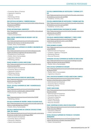 187www.avanzaentucarrera.com
•	 Economía, Banca y Finanzas
•	 Ingeniería e Industria
•	 Internet
•	 Marketing y Ventas
•	 Recursos Humanos
Edo (osTElEA disTAnCiA / sEmiprEsEnCiAl)
http://www.avanzaentucarrera.com/centro/edo-ostelea-distancia-
semipresencial/89946/
•	 Marketing y Ventas
EFhrE inTErnATionAl uniVErsiTy
http://www.avanzaentucarrera.com/centro/efhre-international-
university/89935/
•	 Salud y Sociosanitario
EinA CEnTrE uniVErsiTAri dE dissEny i ArT dE
BArCElonA
http://www.avanzaentucarrera.com/centro/eina-centre-
universitari-de-disseny-i-art-de-barcelona/1233/
•	 Diseño, Artes y Humanidades
ElisAVA. EsCuElA supErior dE disEño E ingEniEríA dE
BArCElonA
http://www.avanzaentucarrera.com/centro/elisava-escuela-
superior-de-diseno-e-ingenieria-de-barcelona/2404/
•	 Arquitectura y Construcción
•	 Diseño, Artes y Humanidades
•	 Ingeniería e Industria
•	 Marketing y Ventas
EsAdE BusinEss sChool BArCElonA
http://www.avanzaentucarrera.com/centro/esade-business-
school-barcelona/821/
•	 Administración de Empresas
•	 Economía, Banca y Finanzas
•	 Ingeniería e Industria
•	 Marketing y Ventas
•	 Política y Sociología
EsAdE FACulTAd dE dErECho. BArCElonA
http://www.avanzaentucarrera.com/centro/esade-facultad-de-
derecho-barcelona/86879/
•	 Derecho y Seguridad
EsCAC. EsCuElA supErior dE CinE y AudioVisuAlEs
CATAluñA
http://www.avanzaentucarrera.com/centro/escac-escuela-
superior-de-cine-y-audiovisuales-cataluna/1238/
•	 Comunicación, Imagen y Sonido
EsCi
http://www.avanzaentucarrera.com/centro/esci/1128/
•	 Marketing y Ventas
EsCuElA supErior dE disEño y modA FEliCidAd duCE
http://www.avanzaentucarrera.com/centro/escuela-superior-de-
diseno-y-moda-felicidad-duce/36923/
•	 Diseño, Artes y Humanidades
EsCuElA uniVErsiTAriA dE CiEnCiAs soCiAlEs (Fund.
uniV. dEl BAgEs)
http://www.avanzaentucarrera.com/centro/escuela-universitaria-
de-ciencias-sociales-fund-univ-del-bages/866/
•	 Administración de Empresas
•	 Economía, Banca y Finanzas
•	 Educación y Deportes
•	 Salud y Sociosanitario
EsCuElA uniVErsiTAriA dE hosTElEríA y Turismo CETT-
uB
http://www.avanzaentucarrera.com/centro/escuela-universitaria-
de-hosteleria-y-turismo-cett-ub/990/
•	 Hostelería, Turismo y Ocio
EsCuElA uniVErsiTAriA dE hosTElEríA y Turismo sAnT pol
http://www.avanzaentucarrera.com/centro/escuela-universitaria-
de-hosteleria-y-turismo-sant-pol/807/
•	 Hostelería, Turismo y Ocio
EsCuElA uniVErsiTAriA sAlEsiAnA dE sArriÁ
http://www.avanzaentucarrera.com/centro/escuela-universitaria-
salesiana-de-sarria/870/
•	 Ingeniería e Industria
EsCuElAs uniVErsiTAriAs gimBErnAT y Tomí s CErdí
http://www.avanzaentucarrera.com/centro/escuelas-
universitarias-gimbernat-y-tom-s-cerd-/8508/
•	 Salud y Sociosanitario
EsdE BusinEss sChool
http://www.avanzaentucarrera.com/centro/esde-business-
school/90078/
•	 Administración de Empresas
•	 Compras, Logística y Transporte
•	 Marketing y Ventas
•	 Recursos Humanos
EsdEsign. EsCuElA supErior dE disEño dE BArCElonA
http://www.avanzaentucarrera.com/centro/esdesign-escuela-
superior-de-diseno-de-barcelona/90063/
•	 Diseño, Artes y Humanidades
Esdi. EsColA supErior dE dissEny
http://www.avanzaentucarrera.com/centro/esdi-escola-superior-
de-disseny/1252/
•	 Diseño, Artes y Humanidades
•	 Ingeniería e Industria
EsEC-ToulousE BusinEss sChool BArCElonA CAmpus
http://www.avanzaentucarrera.com/centro/esec-toulouse-
business-school-barcelona-campus/1182/
•	 Administración de Empresas
•	 Economía, Banca y Finanzas
•	 Marketing y Ventas
EsErp. BArCElonA
http://www.avanzaentucarrera.com/centro/eserp-
barcelona/1022/
•	 Administración de Empresas
•	 Economía, Banca y Finanzas
•	 Educación y Deportes
•	 Marketing y Ventas
•	 Política y Sociología
•	 Recursos Humanos
EshE. EuropEAn sChool hEAlTh EduCATion
http://www.avanzaentucarrera.com/centro/eshe-european-school-
health-education/89656/
•	 Educación y Deportes
•	 Salud y Sociosanitario
EsTEA. EsCuElA supErior dE TéCniCAs y EsTudios
AVAnzAdos
http://www.avanzaentucarrera.com/centro/estea-escuela-
superior-de-tecnicas-y-estudios-avanzados/87150/
•	 Salud y Sociosanitario
CENTROS DE POSTGRADO
 