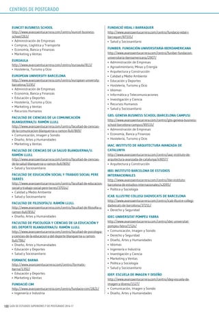 GUÍA DE ESTUDIOS SUPERIORES Y DE POSTGRADO 2016-17188
EunCET BusinEss sChool
http://www.avanzaentucarrera.com/centro/euncet-business-
school/263/
•	 Administración de Empresas
•	 Compras, Logística y Transporte
•	 Economía, Banca y Finanzas
•	 Marketing y Ventas
EuroAulA
http://www.avanzaentucarrera.com/centro/euroaula/813/
•	 Hostelería, Turismo y Ocio
EuropEAn uniVErsiTy BArCElonA
http://www.avanzaentucarrera.com/centro/european-university-
barcelona/1195/
•	 Administración de Empresas
•	 Economía, Banca y Finanzas
•	 Educación y Deportes
•	 Hostelería, Turismo y Ocio
•	 Marketing y Ventas
•	 Recursos Humanos
FACulTAd dE CiEnCiAs dE lA ComuniCACión
BlAnQuErnA/u. rAmón llull
http://www.avanzaentucarrera.com/centro/facultad-de-ciencias-
de-la-comunicacion-blanquerna-u-ramon-llull/869/
•	 Comunicación, Imagen y Sonido
•	 Diseño, Artes y Humanidades
•	 Marketing y Ventas
FACulTAd dE CiEnCiAs dE lA sAlud BlAnQuErnA/u.
rAmón llull
http://www.avanzaentucarrera.com/centro/facultad-de-ciencias-
de-la-salud-blanquerna-u-ramon-llull/809/
•	 Salud y Sociosanitario
FACulTAd dE EduCACión soCiAl y TrABAjo soCiAl pErE
TArrés
http://www.avanzaentucarrera.com/centro/facultad-de-educacion-
social-y-trabajo-social-pere-tarres/37014/
•	 Calidad y Medio Ambiente
•	 Salud y Sociosanitario
FACulTAd dE FilosoFíA/u. rAmón llull
http://www.avanzaentucarrera.com/centro/facultad-de-filosofia-u-
ramon-llull/856/
•	 Diseño, Artes y Humanidades
FACulTAd dE psiCologíA y CiEnCiAs dE lA EduCACión y
dEl dEporTE BlAnQuErnA/u. rAmón llull
http://www.avanzaentucarrera.com/centro/facultad-de-psicologia-
y-ciencias-de-la-educacion-y-del-deporte-blanquerna-u-ramon-
llull/786/
•	 Diseño, Artes y Humanidades
•	 Educación y Deportes
•	 Salud y Sociosanitario
FormATiC BArnA
http://www.avanzaentucarrera.com/centro/formatic-
barna/1392/
•	 Educación y Deportes
•	 Marketing y Ventas
FundACió Cim
http://www.avanzaentucarrera.com/centro/fundacio-cim/2821/
•	 Ingeniería e Industria
FundACió VidAl i BArrAQuEr
http://www.avanzaentucarrera.com/centro/fundacio-vidal-i-
barraquer/87335/
•	 Salud y Sociosanitario
FuniBEr. FundACión uniVErsiTAriA iBEroAmEriCAnA
http://www.avanzaentucarrera.com/centro/funiber-fundacion-
universitaria-iberoamericana/2907/
•	 Administración de Empresas
•	 Agroalimentario, Minas y Energía
•	 Arquitectura y Construcción
•	 Calidad y Medio Ambiente
•	 Educación y Deportes
•	 Hostelería, Turismo y Ocio
•	 Idiomas
•	 Informática y Telecomunicaciones
•	 Investigación y Ciencia
•	 Recursos Humanos
•	 Salud y Sociosanitario
gBs. gEnEVA BusinEss sChool (BArCElonA CAmpus)
http://www.avanzaentucarrera.com/centro/gbs-geneva-business-
school-barcelona-campus/89533/
•	 Administración de Empresas
•	 Economía, Banca y Finanzas
•	 Hostelería, Turismo y Ocio
iAAC. insTiTuTo dE ArQuiTECTurA AVAnzAdA dE
CATAlunyA
http://www.avanzaentucarrera.com/centro/iaac-instituto-de-
arquitectura-avanzada-de-catalunya/49057/
•	 Arquitectura y Construcción
iBEi. insTiTuTo BArCElonA dE EsTudios
inTErnACionAlEs
http://www.avanzaentucarrera.com/centro/ibei-instituto-
barcelona-de-estudios-internacionales/42095/
•	 Política y Sociología
iCAB. illusTrE CollEgi dAdVoCATs dE BArCElonA
http://www.avanzaentucarrera.com/centro/icab-illustre-collegi-
dadvocats-de-barcelona/37251/
•	 Derecho y Seguridad
idEC-uniVErsiTAT pompEu FABrA
http://www.avanzaentucarrera.com/centro/idec-universitat-
pompeu-fabra/1524/
•	 Comunicación, Imagen y Sonido
•	 Derecho y Seguridad
•	 Diseño, Artes y Humanidades
•	 Idiomas
•	 Ingeniería e Industria
•	 Investigación y Ciencia
•	 Marketing y Ventas
•	 Política y Sociología
•	 Salud y Sociosanitario
idEp. EsCuElA dE imAgEn y disEño
http://www.avanzaentucarrera.com/centro/idep-escuela-de-
imagen-y-diseno/1527/
•	 Comunicación, Imagen y Sonido
•	 Diseño, Artes y Humanidades
CENTROS DE POSTGRADO
 