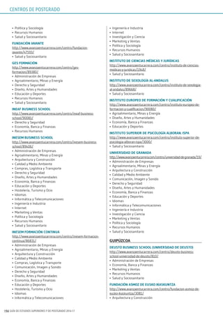 GUÍA DE ESTUDIOS SUPERIORES Y DE POSTGRADO 2016-17194
•	 Política y Sociología
•	 Recursos Humanos
•	 Salud y Sociosanitario
FundACión iAVAnTE
http://www.avanzaentucarrera.com/centro/fundacion-
iavante/47593/
•	 Salud y Sociosanitario
gEs FormACión
http://www.avanzaentucarrera.com/centro/ges-
formacion/89380/
•	 Administración de Empresas
•	 Agroalimentario, Minas y Energía
•	 Derecho y Seguridad
•	 Diseño, Artes y Humanidades
•	 Educación y Deportes
•	 Recursos Humanos
•	 Salud y Sociosanitario
inEAF BusinEss sChool
http://www.avanzaentucarrera.com/centro/ineaf-business-
school/90081/
•	 Derecho y Seguridad
•	 Economía, Banca y Finanzas
•	 Recursos Humanos
inEsEm BusinEss sChool
http://www.avanzaentucarrera.com/centro/inesem-business-
school/89406/
•	 Administración de Empresas
•	 Agroalimentario, Minas y Energía
•	 Arquitectura y Construcción
•	 Calidad y Medio Ambiente
•	 Compras, Logística y Transporte
•	 Derecho y Seguridad
•	 Diseño, Artes y Humanidades
•	 Economía, Banca y Finanzas
•	 Educación y Deportes
•	 Hostelería, Turismo y Ocio
•	 Idiomas
•	 Informática y Telecomunicaciones
•	 Ingeniería e Industria
•	 Internet
•	 Marketing y Ventas
•	 Política y Sociología
•	 Recursos Humanos
•	 Salud y Sociosanitario
inEsEm FormACión ConTinuA
http://www.avanzaentucarrera.com/centro/inesem-formacion-
continua/86831/
•	 Administración de Empresas
•	 Agroalimentario, Minas y Energía
•	 Arquitectura y Construcción
•	 Calidad y Medio Ambiente
•	 Compras, Logística y Transporte
•	 Comunicación, Imagen y Sonido
•	 Derecho y Seguridad
•	 Diseño, Artes y Humanidades
•	 Economía, Banca y Finanzas
•	 Educación y Deportes
•	 Hostelería, Turismo y Ocio
•	 Idiomas
•	 Informática y Telecomunicaciones
•	 Ingeniería e Industria
•	 Internet
•	 Investigación y Ciencia
•	 Marketing y Ventas
•	 Política y Sociología
•	 Recursos Humanos
•	 Salud y Sociosanitario
insTiTuTo dE CiEnCiAs médiCAs y jurídiCAs
http://www.avanzaentucarrera.com/centro/instituto-de-ciencias-
medicas-y-juridicas/1948/
•	 Salud y Sociosanitario
insTiTuTo dE sExologíA Al-AndAlus
http://www.avanzaentucarrera.com/centro/instituto-de-sexologia-
al-andalus/89668/
•	 Salud y Sociosanitario
insTiTuTo EuropEo dE FormACión y CuAliFiCACión
http://www.avanzaentucarrera.com/centro/instituto-europeo-de-
formacion-y-cualificacion/90080/
•	 Agroalimentario, Minas y Energía
•	 Diseño, Artes y Humanidades
•	 Economía, Banca y Finanzas
•	 Educación y Deportes
insTiTuTo supErior dE psiCologíA AlBorAn. ispA
http://www.avanzaentucarrera.com/centro/instituto-superior-de-
psicologia-alboran-ispa/3000/
•	 Salud y Sociosanitario
uniVErsidAd dE grAnAdA
http://www.avanzaentucarrera.com/centro/universidad-de-granada/19/
•	 Administración de Empresas
•	 Agroalimentario, Minas y Energía
•	 Arquitectura y Construcción
•	 Calidad y Medio Ambiente
•	 Comunicación, Imagen y Sonido
•	 Derecho y Seguridad
•	 Diseño, Artes y Humanidades
•	 Economía, Banca y Finanzas
•	 Educación y Deportes
•	 Idiomas
•	 Informática y Telecomunicaciones
•	 Ingeniería e Industria
•	 Investigación y Ciencia
•	 Marketing y Ventas
•	 Política y Sociología
•	 Recursos Humanos
•	 Salud y Sociosanitario
guipúzCoA
dEusTo BusinEss sChool (uniVErsidAd dE dEusTo)
http://www.avanzaentucarrera.com/centro/deusto-business-
school-universidad-de-deusto/810/
•	 Administración de Empresas
•	 Economía, Banca y Finanzas
•	 Marketing y Ventas
•	 Recursos Humanos
•	 Salud y Sociosanitario
FundACión Asmoz dE Eusko ikAskunTzA
http://www.avanzaentucarrera.com/centro/fundacion-asmoz-de-
eusko-ikaskuntza/3081/
•	 Arquitectura y Construcción
CENTROS DE POSTGRADO
 